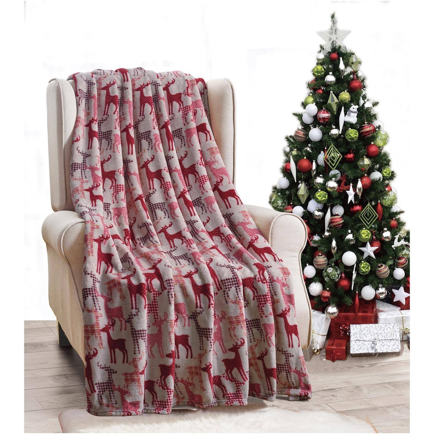 Alt View 1. Noble House - Plazatex Tan Reindeer Plush Decorative All Season Plum Throw Blanket 50" x 60" Tan - Tan.