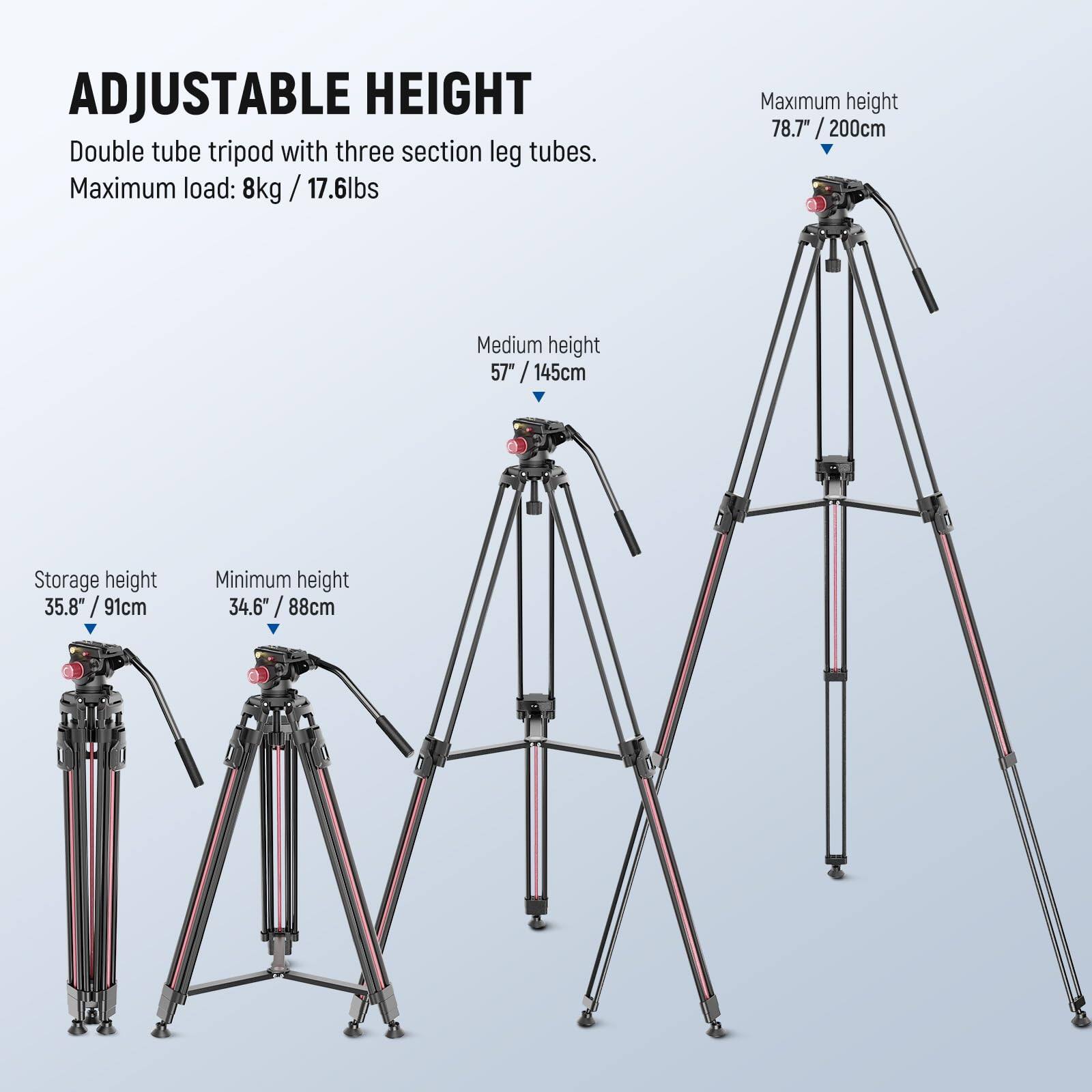 ADJUSTABLE HEIGHT  
Double tube tripod with three section leg tubes.  
Maximum load: 8kg / 17.6lbs  

Maximum height: 78.7" / 200cm  
Medium height: 57" / 145cm  
Storage height: 35.8" / 91cm  
Minimum height: 34.6" / 88cm