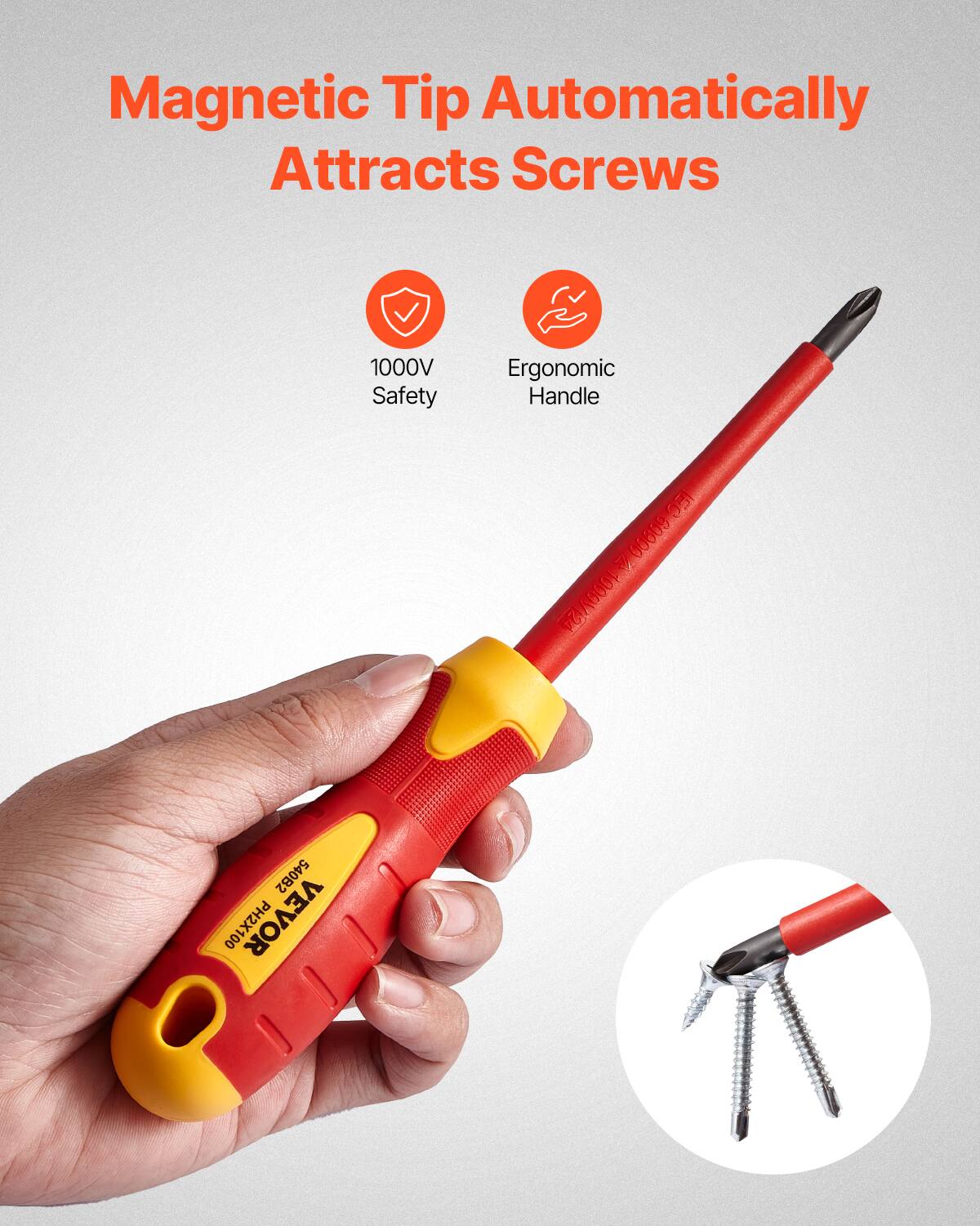 Magnetic Tip Automatically Attracts Screws

1000V Safety

Ergonomic Handle

VEVOR

PH2X100