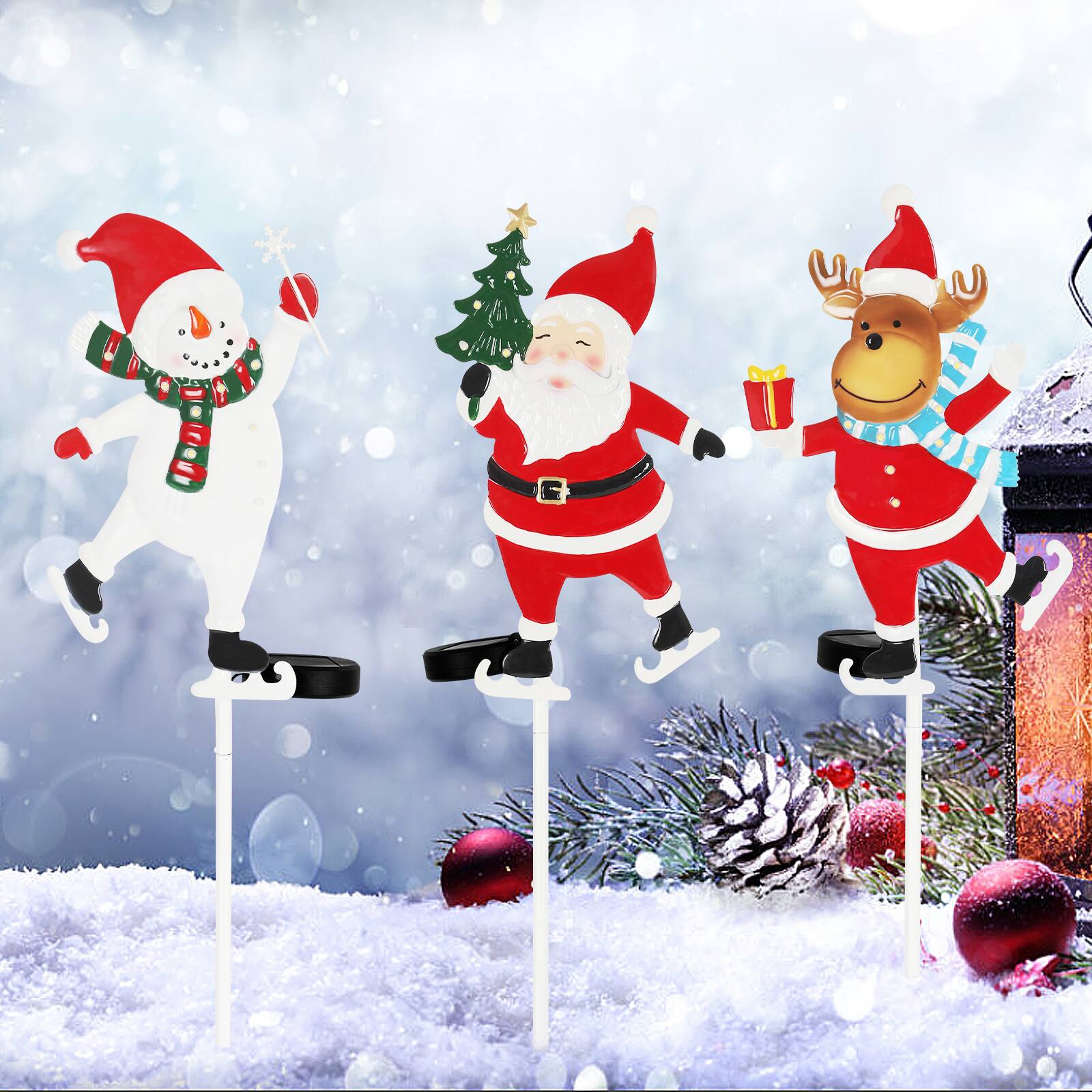 Back. Oumilen - 3‑Pack Solar Skating Character Garden Stakes – Santa, Snowman & Reindeer, Solar Powered Outdoor Lawn Decor.