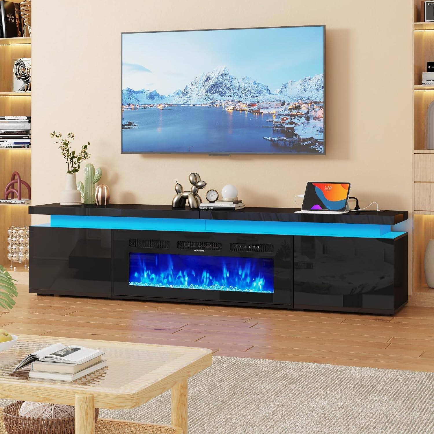 Alt View 3. Espafurni - 90inch Modern Fireplace TV Stand with Power Outlet Storage for up to 100" TVs– Ships in 2 Packages - Black.
