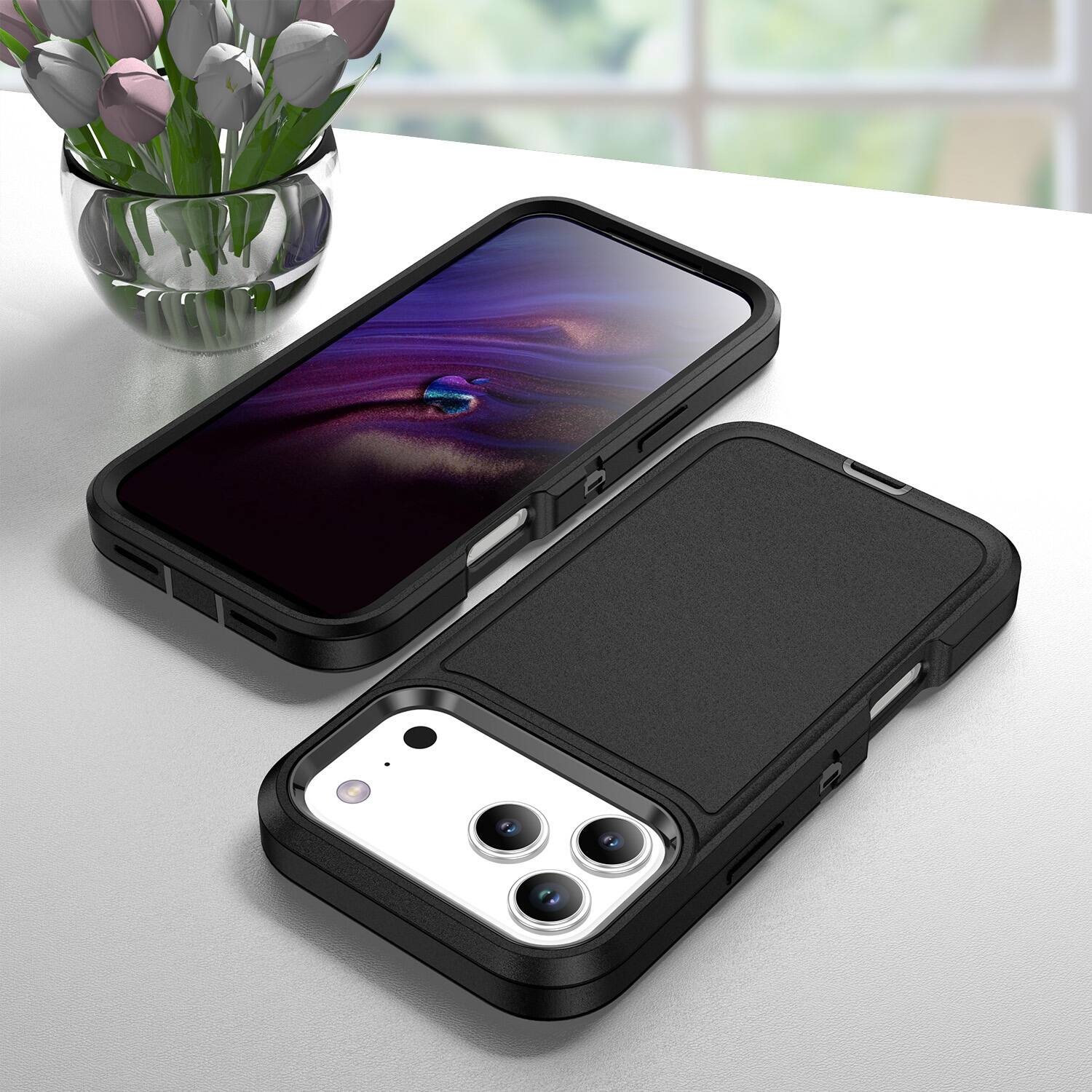 Alt View 3. UUCOVER - For Apple iPhone 18 Pro Max Heavy Duty Protective Case, 3 in 1 Dual Layer Rugged Shockproof Drop Protection Phone Cover - Black+Black.