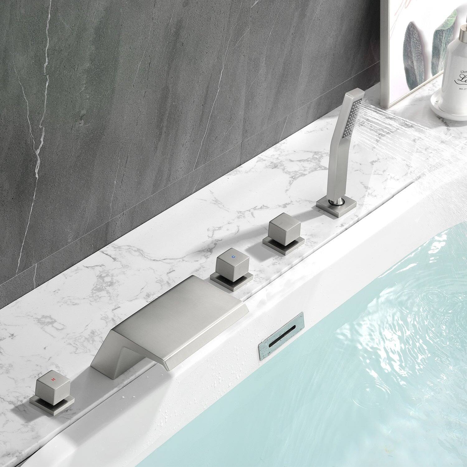 Alt View 3. Boyel Living - Brushed Nickel Polygonal Cold and Hot Water Bathtub Faucet with Handheld Shower Waterfall Outlet Five Hole Installation - Brushed Nickel.