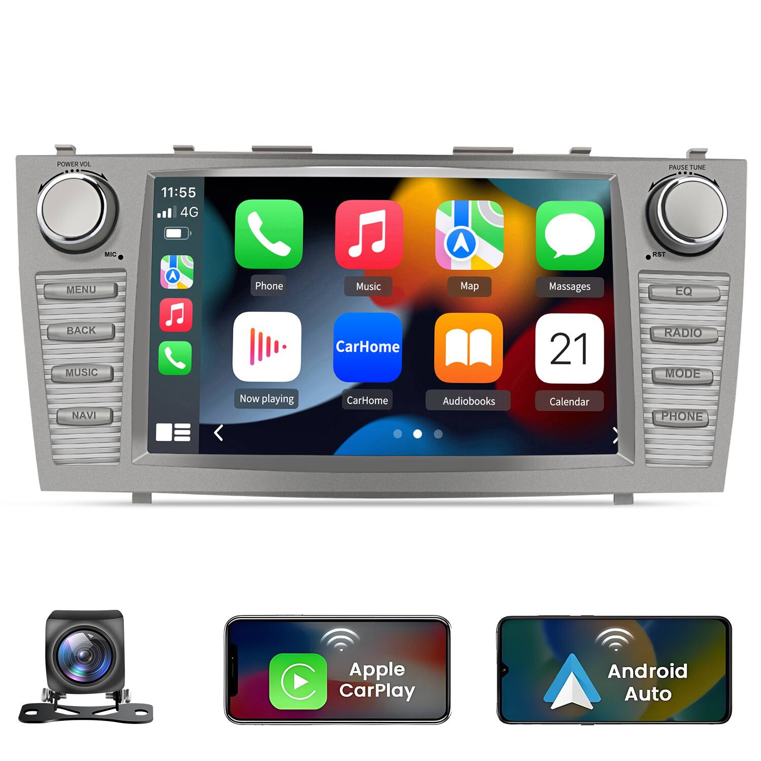 POWER VOL. PAUSE TUNE 11:55 4G MIC at MENU A Phone Music Map Massages EQ BACK MUSIC CarHome 21 RADIO MODE NAVI Now playing CarHome Audiobooks Calendar PHONE Apple CarPlay Android Auto