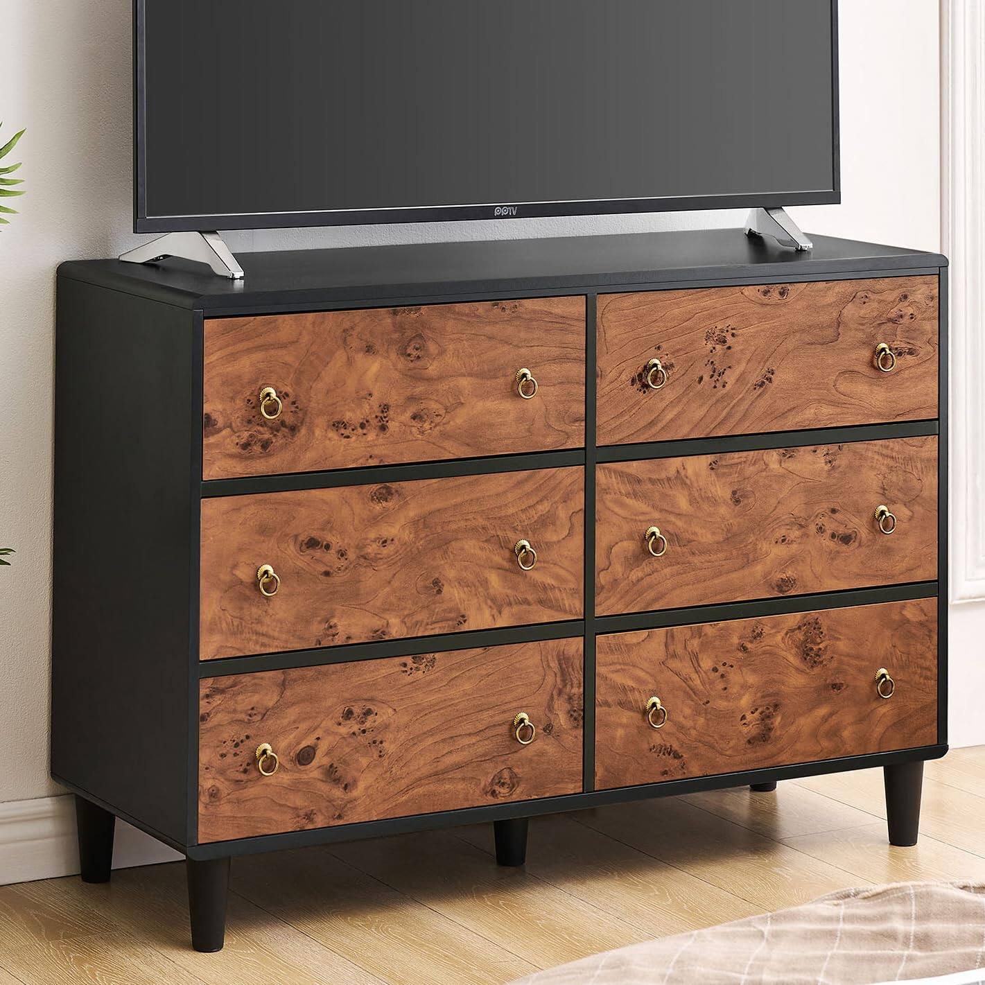 Front. Babevy - 6-Drawer Dresser for Bedroom, Wood Chest with Curved Profile & Vintage Circle Handles - Brown.