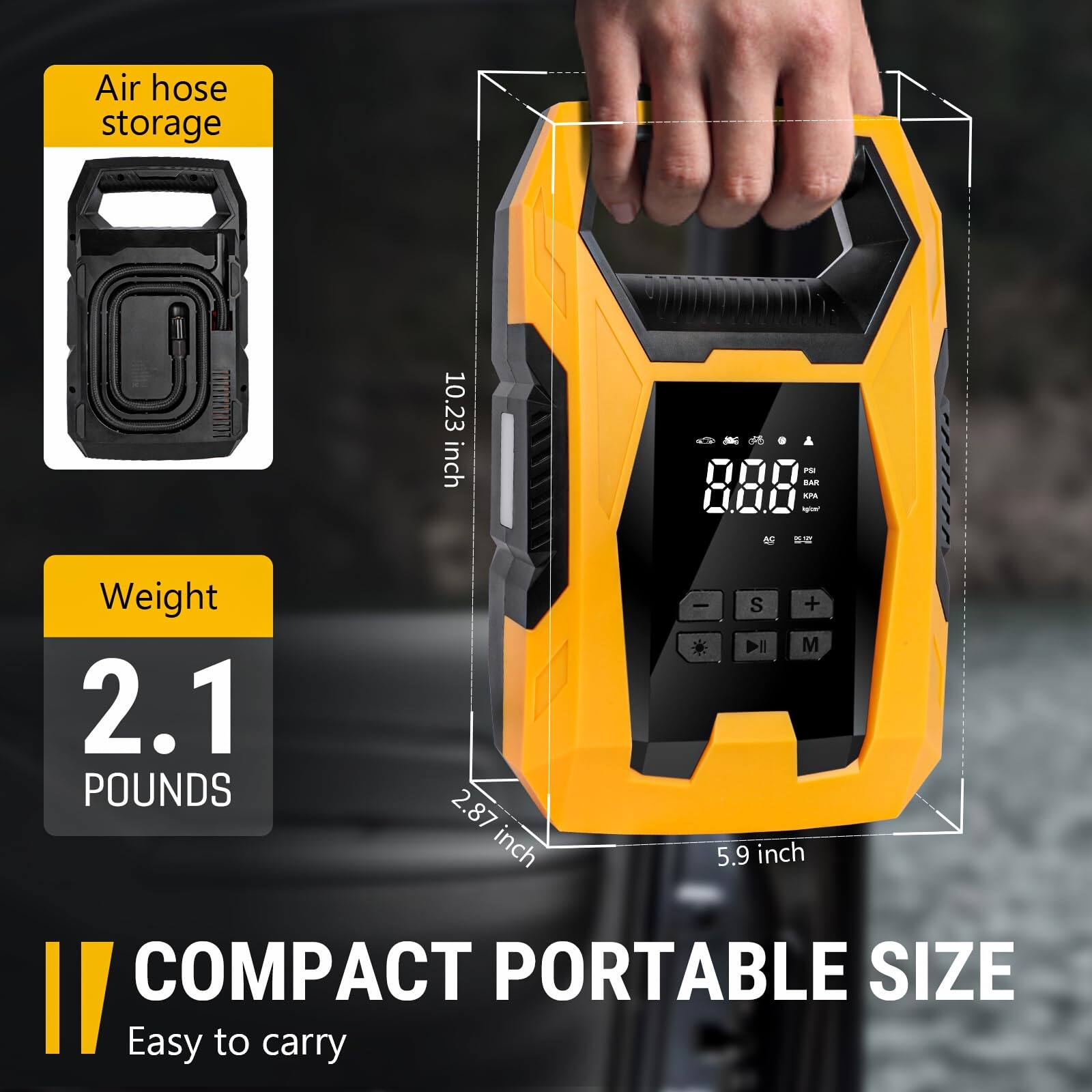 Air hose storage

Weight: 2.1 POUNDS

Compact Portable Size: Easy to carry

Dimensions:
- 10.23 inch
- 2.87 inch
- 5.9 inch