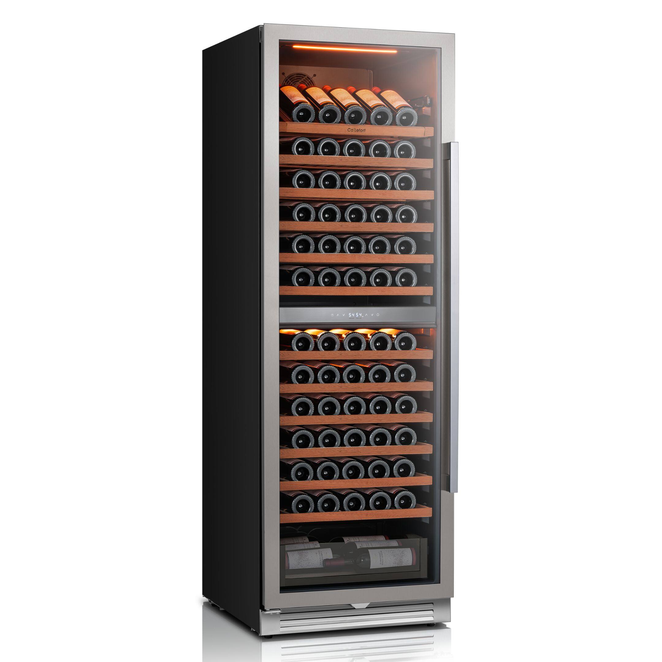 Angle. Ca'Lefort - 24inch 155-Bottle Dual Zone Wine Cooler Refrigerator Freestanding/Built-In ，3-Color LED Lighting，for Home, Bar & Office - stainless steel.