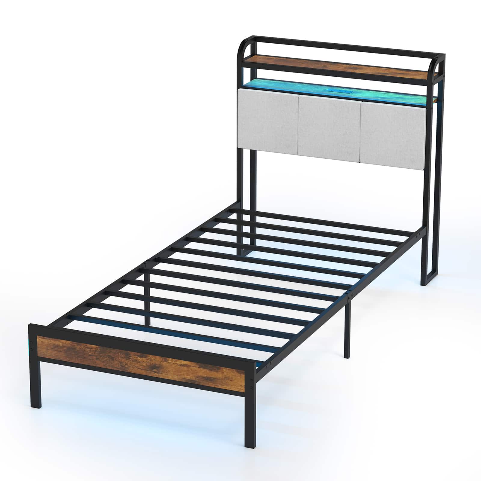 Costway - Twin Bed Frame w/ Charging Station Metal Platform Bed w/ Upholstered Headboard - Rustic Brown,Black,Grey