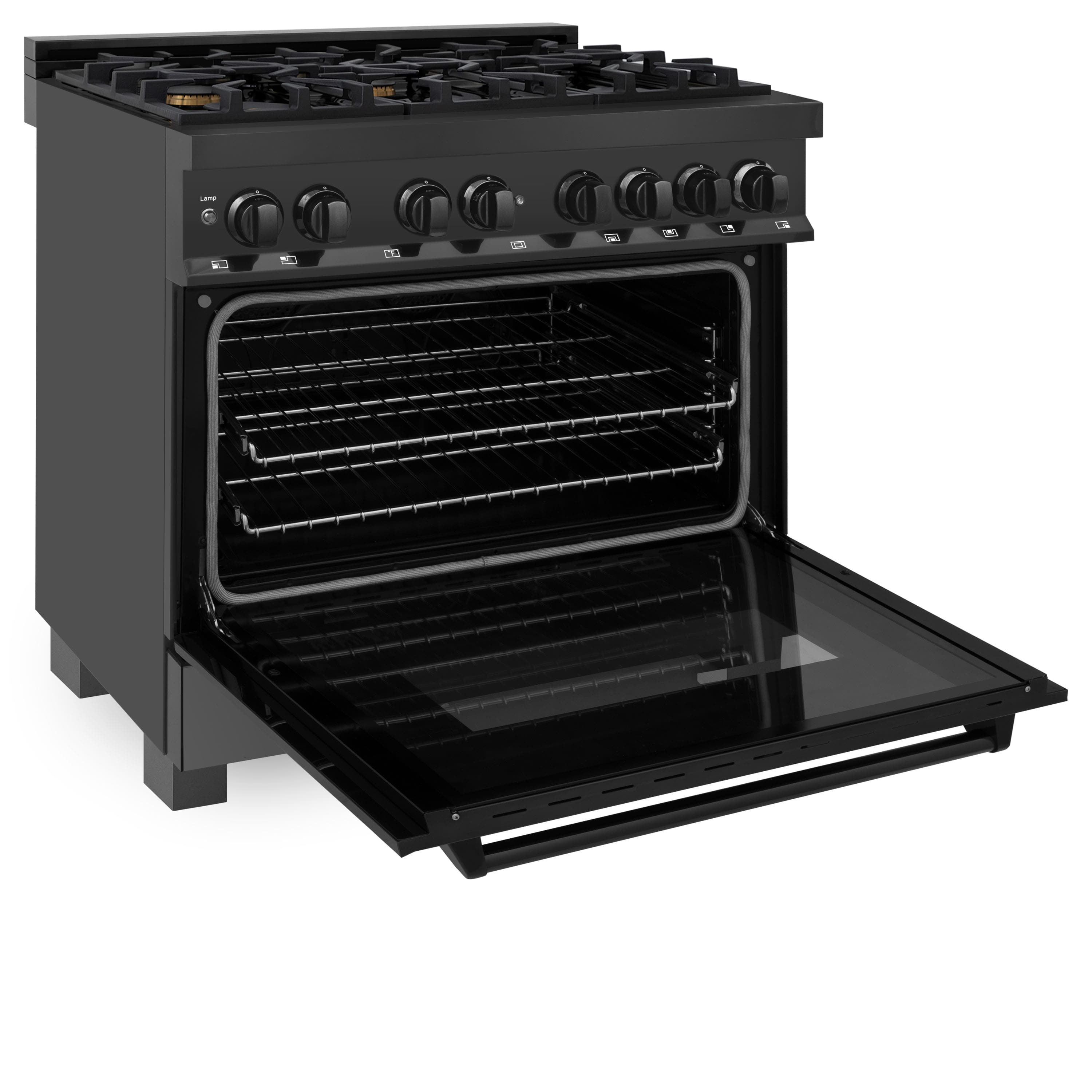 Alt View 2. ZLINE - 36" Legacy Dual Fuel Range with 6 Brass Burners & Oven (RAB-BR-36) - Black Stainless Steel.