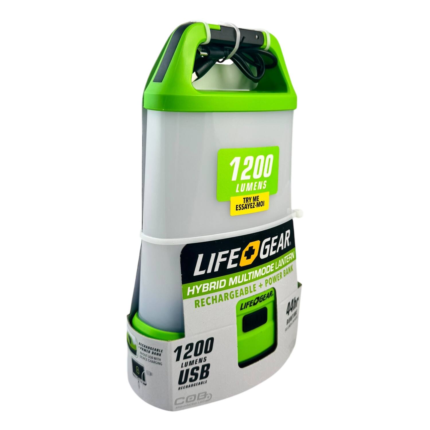 1200 LUMENS TRY ME ESSAYEZ-MOI  
LIFE GEAR  
HYBRID MULTIMODE LANTERN + POWER BANK  
RECHARGEABLE  
4400 mAh  
1200 LUMENS USB RECHARGEABLE  
COB