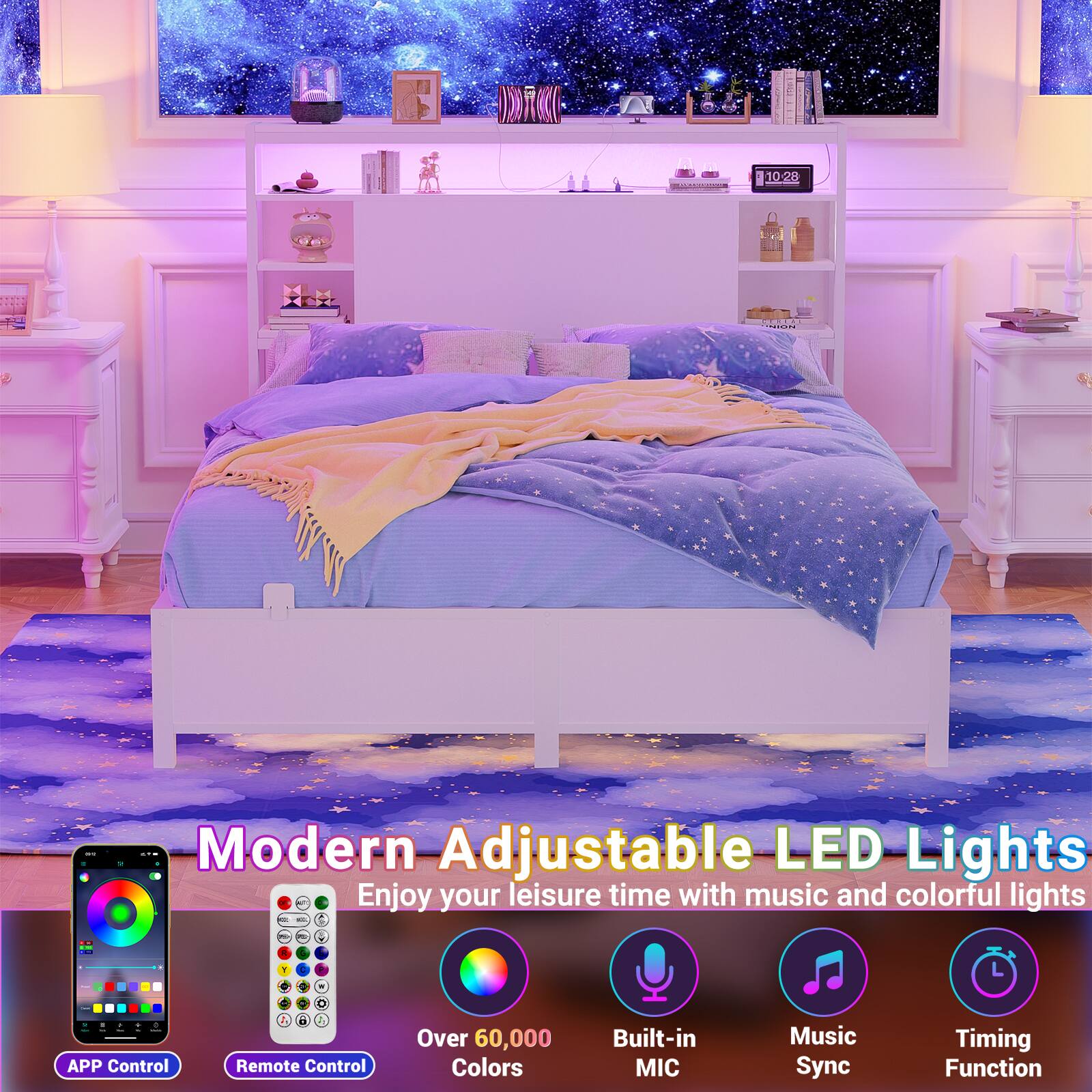 Modern Adjustable LED Lights  
Enjoy your leisure time with music and colorful lights  

- APP Control  
- Remote Control  
- Over 60,000 Colors  
- Built-in MIC  
- Music Sync  
- Timing Function