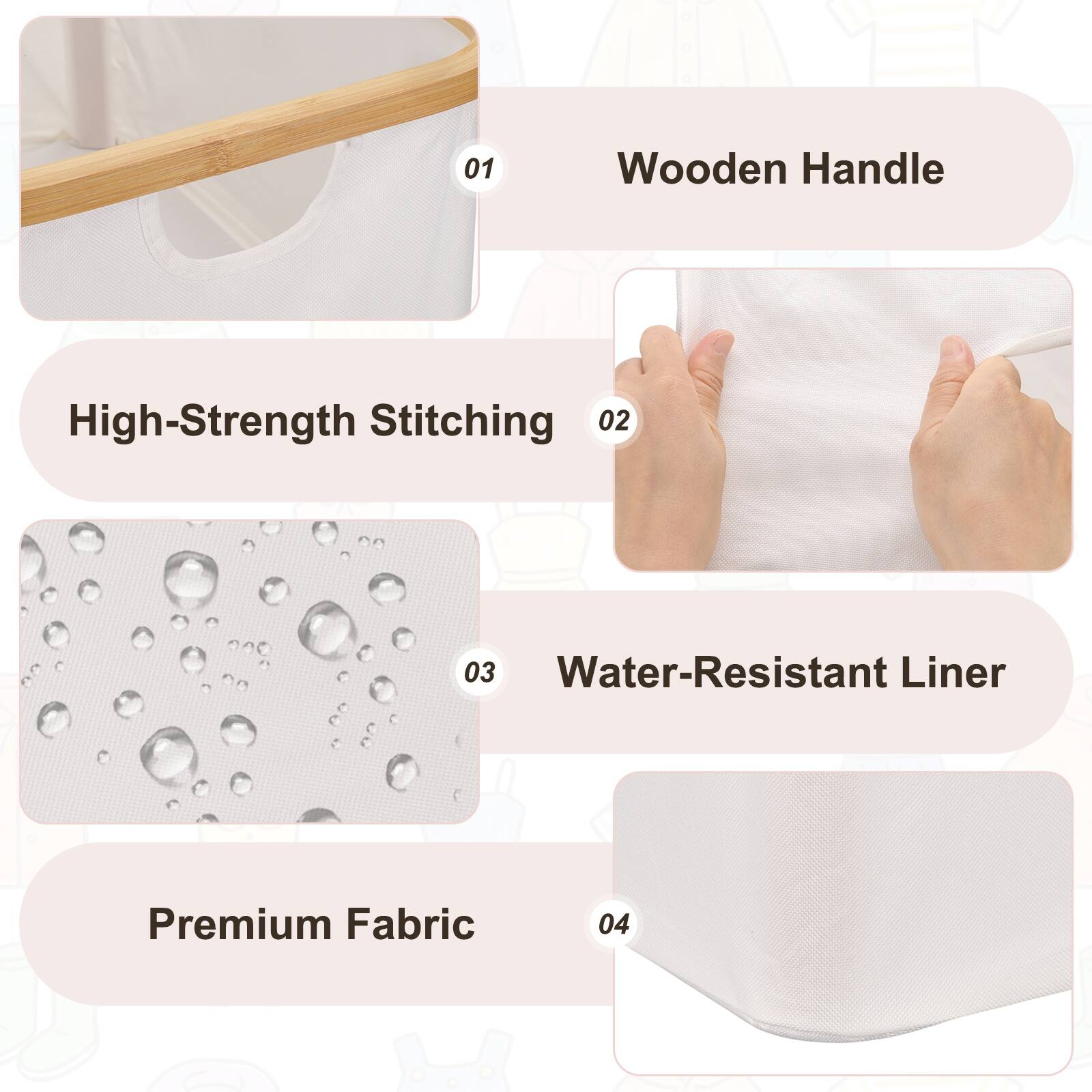 01 Wooden Handle High-Strength Stitching  
02 Water-Resistant Liner Premium Fabric  
03