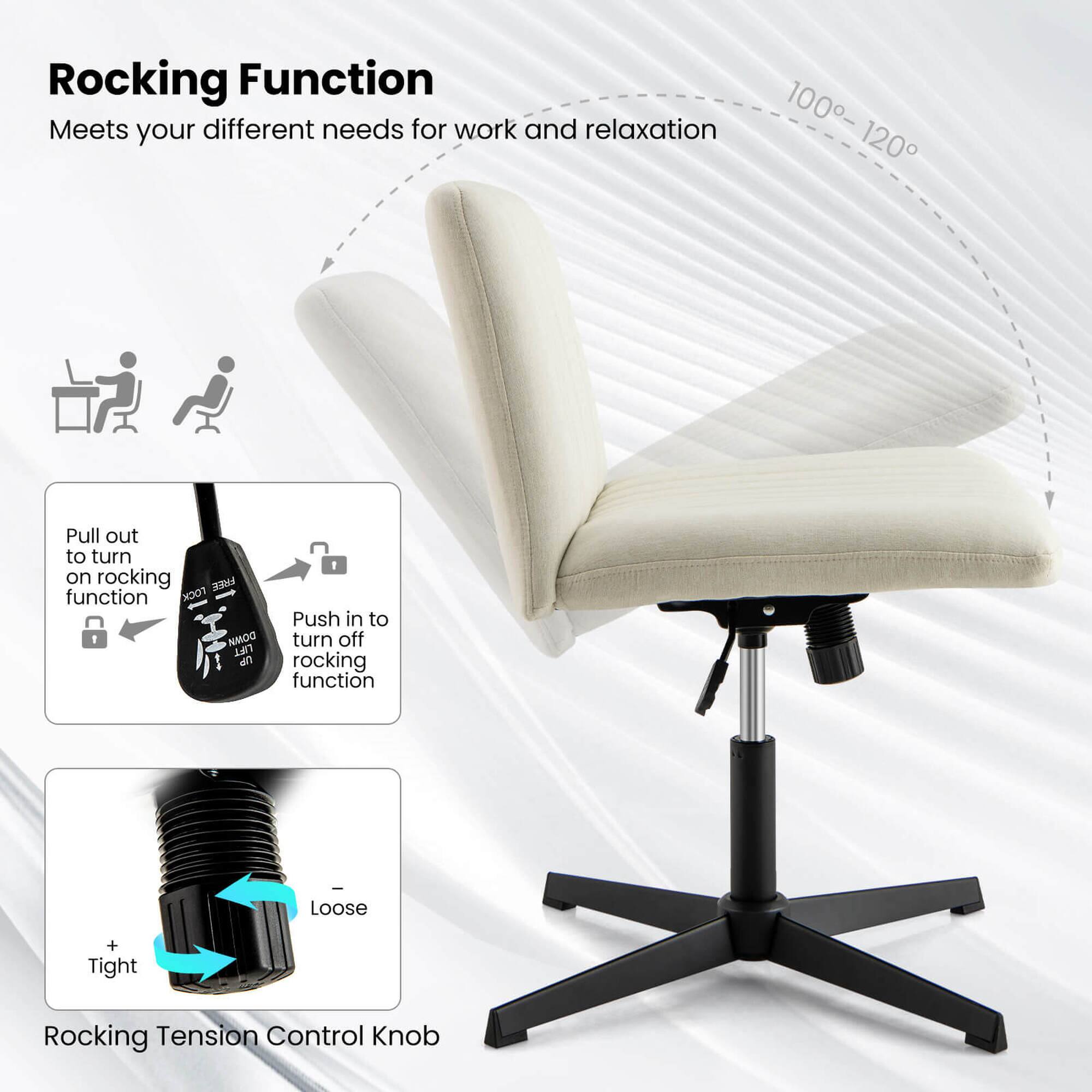 Rocking Function: Meets your different needs for work and relaxation. Pull out to turn on rocking function. Push in to turn off rocking function. Loose + Tight Rocking Tension Control Knob.