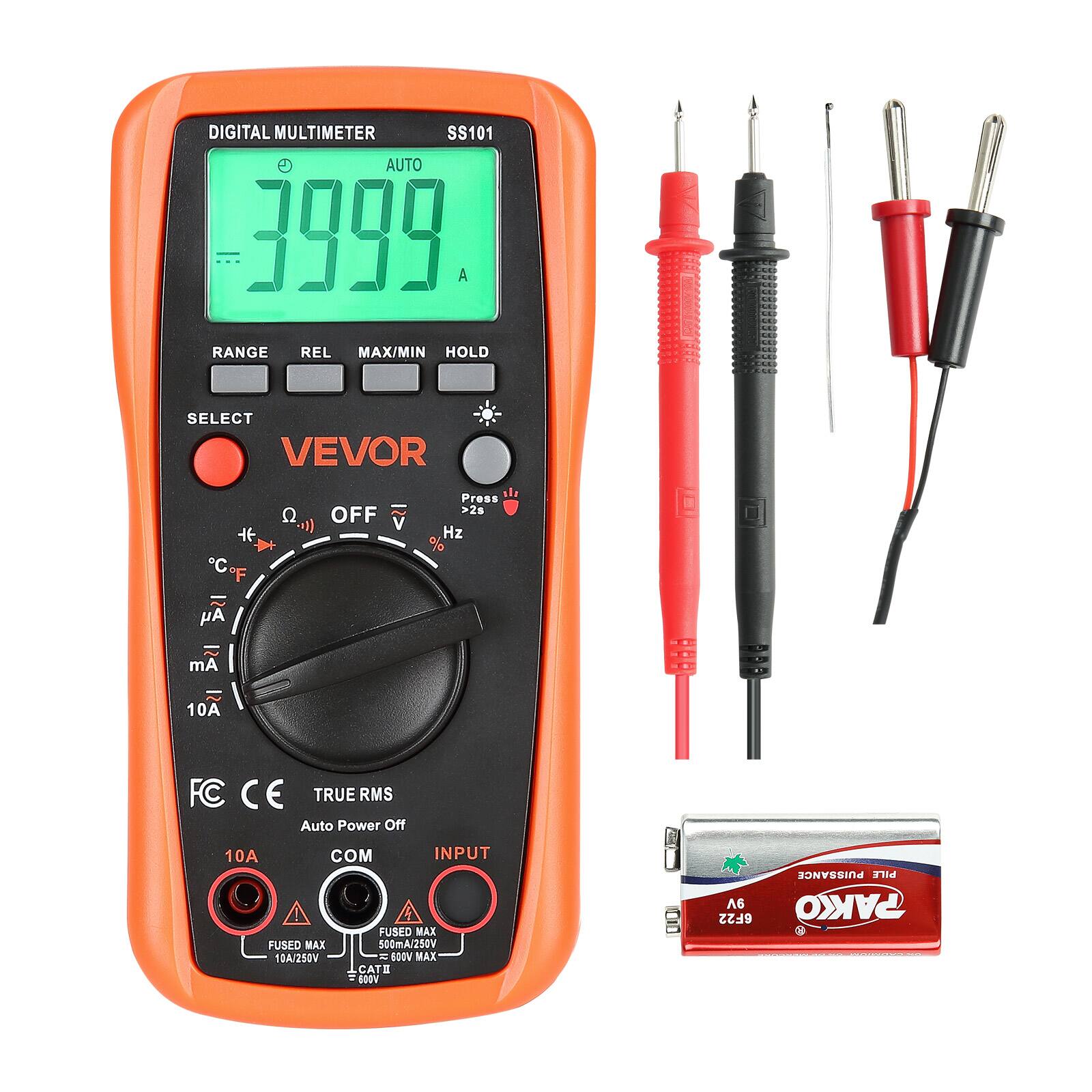 VEVOR - Digital Multimeter,4000-Count TRMS DC/AC Voltmeter Current Tester,Auto-Ranging Multimeter for Current Voltage Measurment - Orange + Black