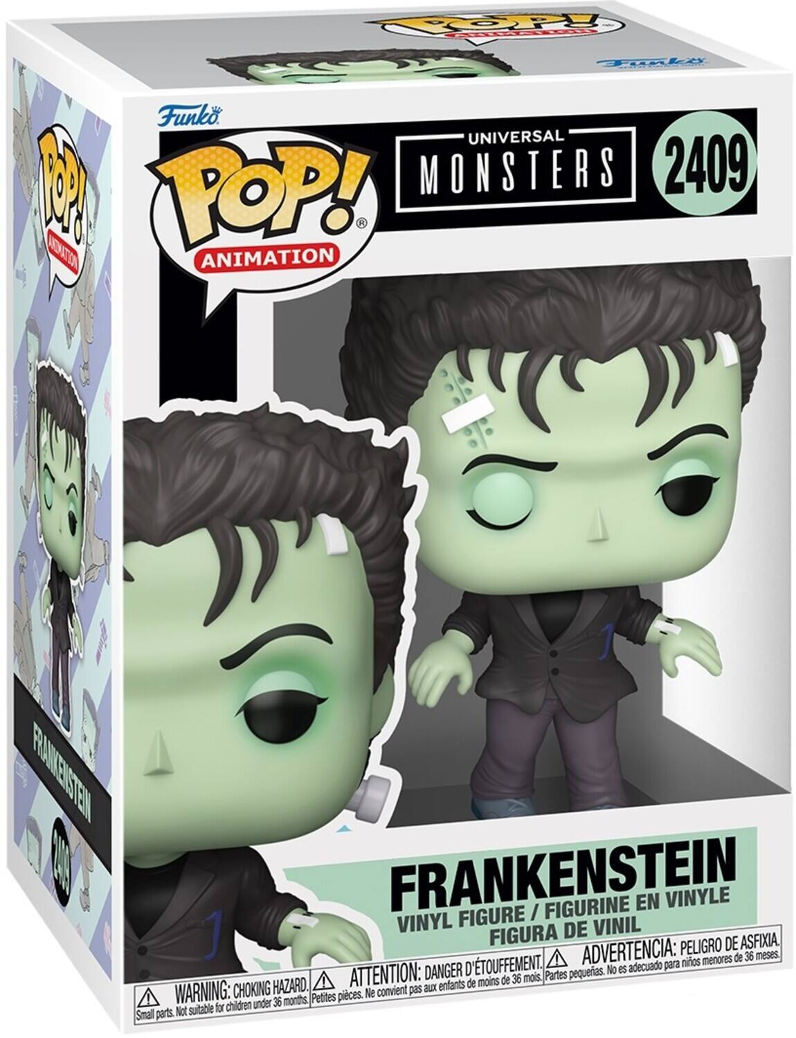 Funko POP! ANIMATION  
UNIVERSAL MONSTERS  
2409  
FRANKENSTEIN  
VINYL FIGURE / FIGURINE EN VINYLE / FIGURA DE VINIL  

WARNING: CHOKING HAZARD. Small parts. Not suitable for children under 36 months.  
ADVERTENCIA: PEOR DE ASFIXIA. D'TOUFFEMENT. ADVERTENCIA: para niños menores de 36 meses.  
ATTENTION: aux enfants de moins de 36 mois.