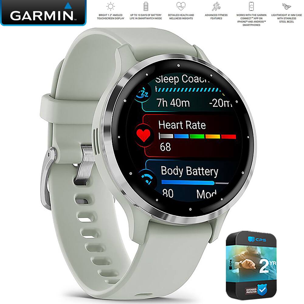 GARMIN BRIGHT 1.2" AMOLED TOUCHSCREEN DISPLAY  
- UP TO 10 DAYS OF BATTERY LIFE IN SMARTWATCH MODE  
- DETAILED HEALTH AND WELLNESS INSIGHTS  
- ADVANCED FITNESS FEATURES  
- WORKS WITH THE GARMIN LIGHTWEIGHT 41 MM CASE CONNECT  
- WORKS WITH IPHONE AND ANDROID SMARTPHONES  
- LIGHTWEIGHT 41 MM CASE WITH STAINLESS STEEL BEZEL  

sleep Coach  
7h 40m  
-20m  

Heart Rate  
68  

Body Battery  
80  

Mod  

2 YR