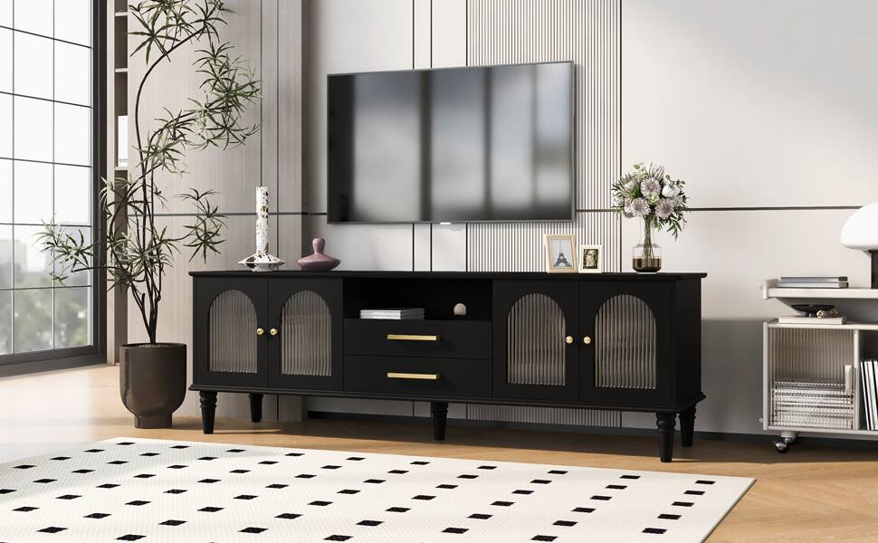 Angle. Bestier - Bestier 69" Retro TV Stand for TVs up to 75", Entertainment Center Console with Arched Glass Doors,2 Storage Drawers - Black.