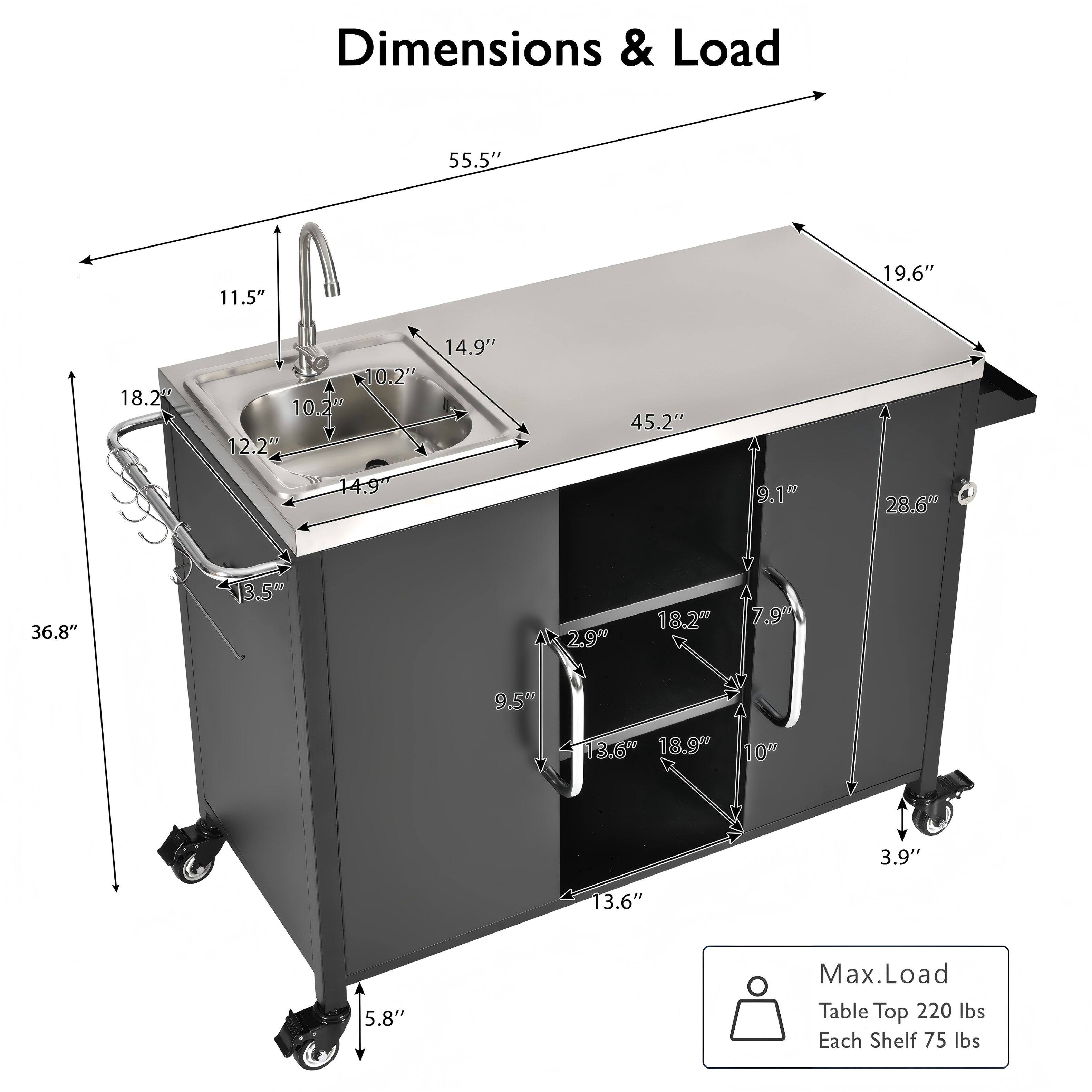 Dimensions & Load

- 55.5"
- 11.5"
- 19.6"
- 18.2"
- 14.9"
- 10.2"
- 10.2"
- 12.2"
- 45.2"
- 14.9"
- 9.1"
- 28.6"
- 36.8"
- 13.5"
- 2.9"
- 18.2"
- 7.9"
- 9.5"
- 13.6"
- 18.9"
- 10"
- 3.9"
- 13.6"
- 5.8"

Max. Load
- Table Top: 220 lbs
- Each Shelf: 75 lbs