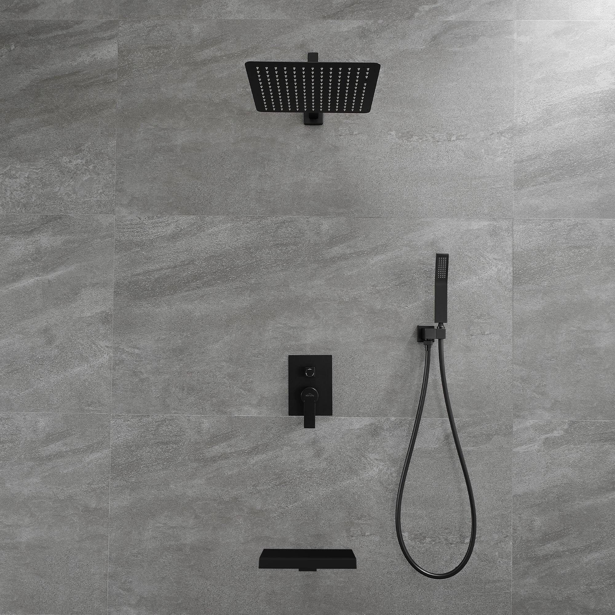 Angle. Boyel Living - Wall Mount Single-Handle 1-Spray Tub and Shower Faucet in Matte Black - 12 Inch (Valve Included) - Matte Black.