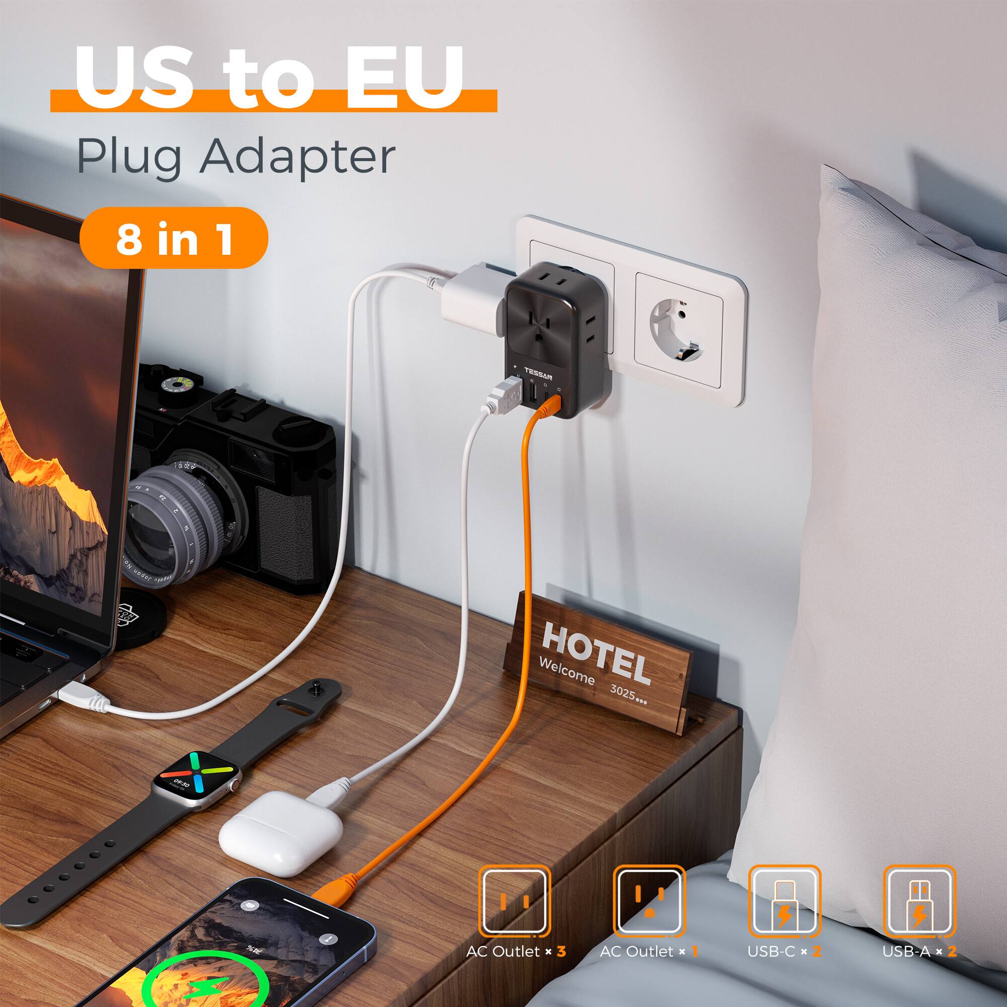 US to EU Plug Adapter 8 in 1

TESSAR TRP

vaDAT V 2

HOTEL Welcome 3025 - NW

AC Outlet 3

AC Outlet A 1

USB-C & Z USB-A 2