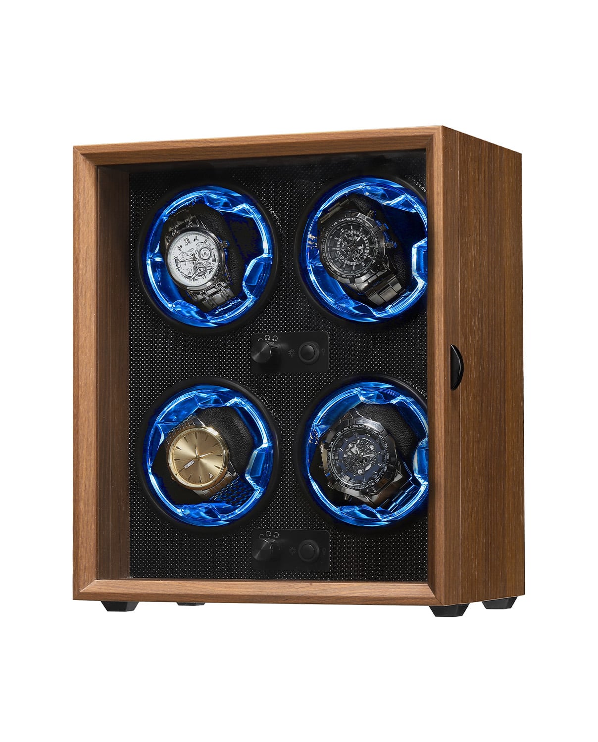 Unique Bargains - 4 Watch Winder for Automatic Watches, Wooden Rotating Watch Case with LED Light, 4 Rotation Modes, USB Powered - Black Walnut