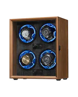 Unique Bargains - 4 Watch Winder for Automatic Watches, Wooden Rotating Watch Case with LED Light, 4 Rotation Modes, USB Powered - Black Walnut