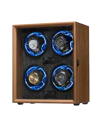 Front. Unique Bargains - 4 Watch Winder for Automatic Watches, Wooden Rotating Watch Case with LED Light, 4 Rotation Modes, USB Powered - Black Walnut.