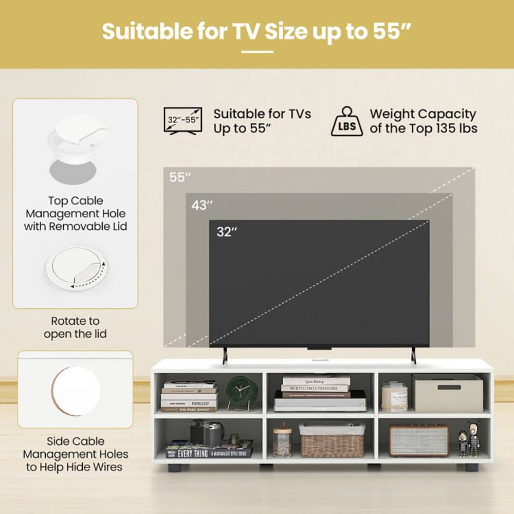 Suitable for TV Size up to 55"  
Suitable for TVs 32"-55"  
Up to 55"  
Weight Capacity LBS of the Top 135 lbs  
Top Cable Management Hole with Removable Lid  
Rotate to open the lid  
Side Cable Management Holes to Help Hide Wires