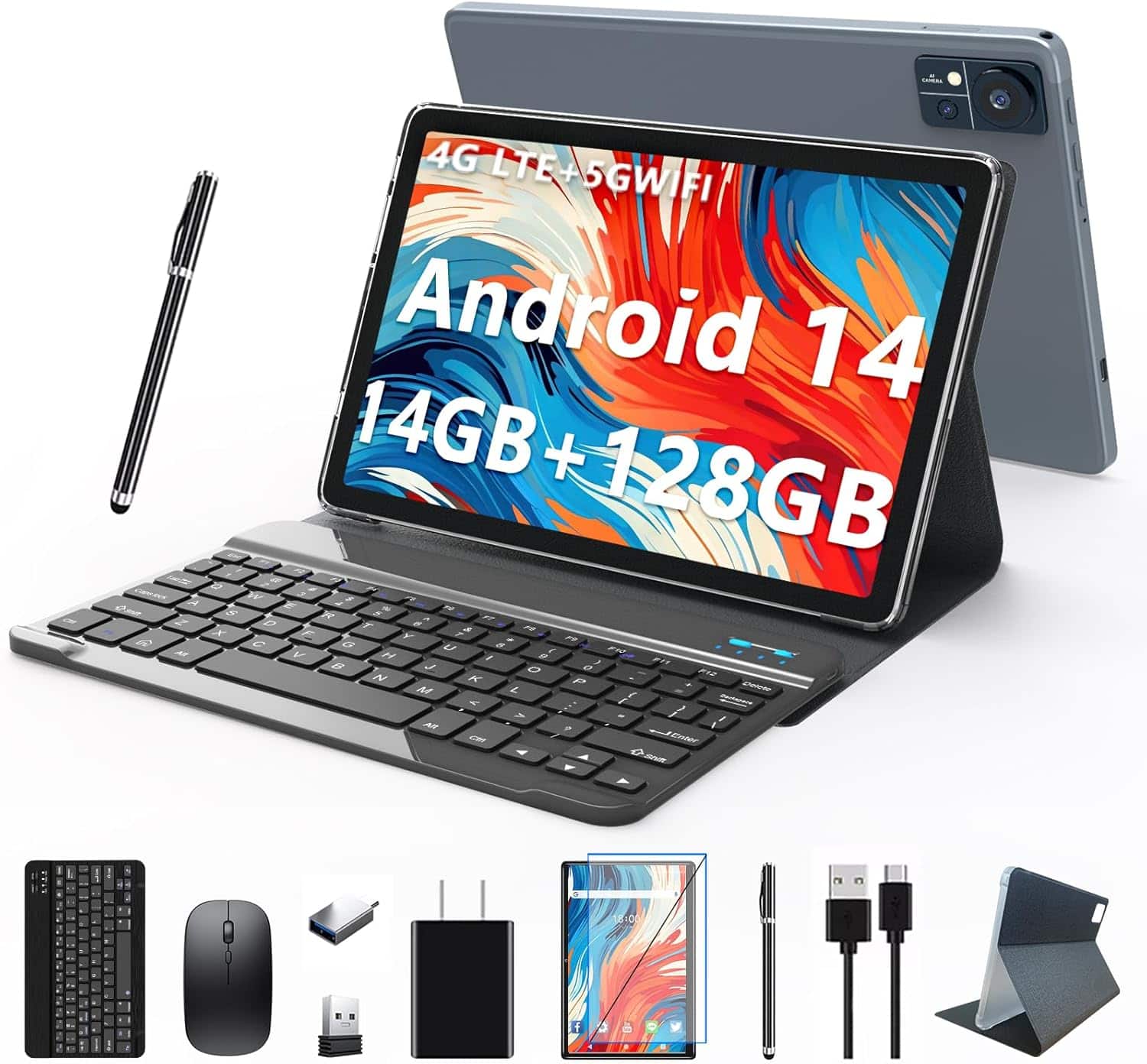 Kimlok - Android14 Tablet 2025 Latest 10 inch 128GB ROM+14GB RAM+1TB Expand Octa-Core 13MP+8MP Camera - Gray