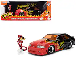 1989 Ford Mustang GT Black Red Flame Graphics with Chester Cheetah Cheetos Flamin' Hot 1/24 Diecast by Jada - Multi