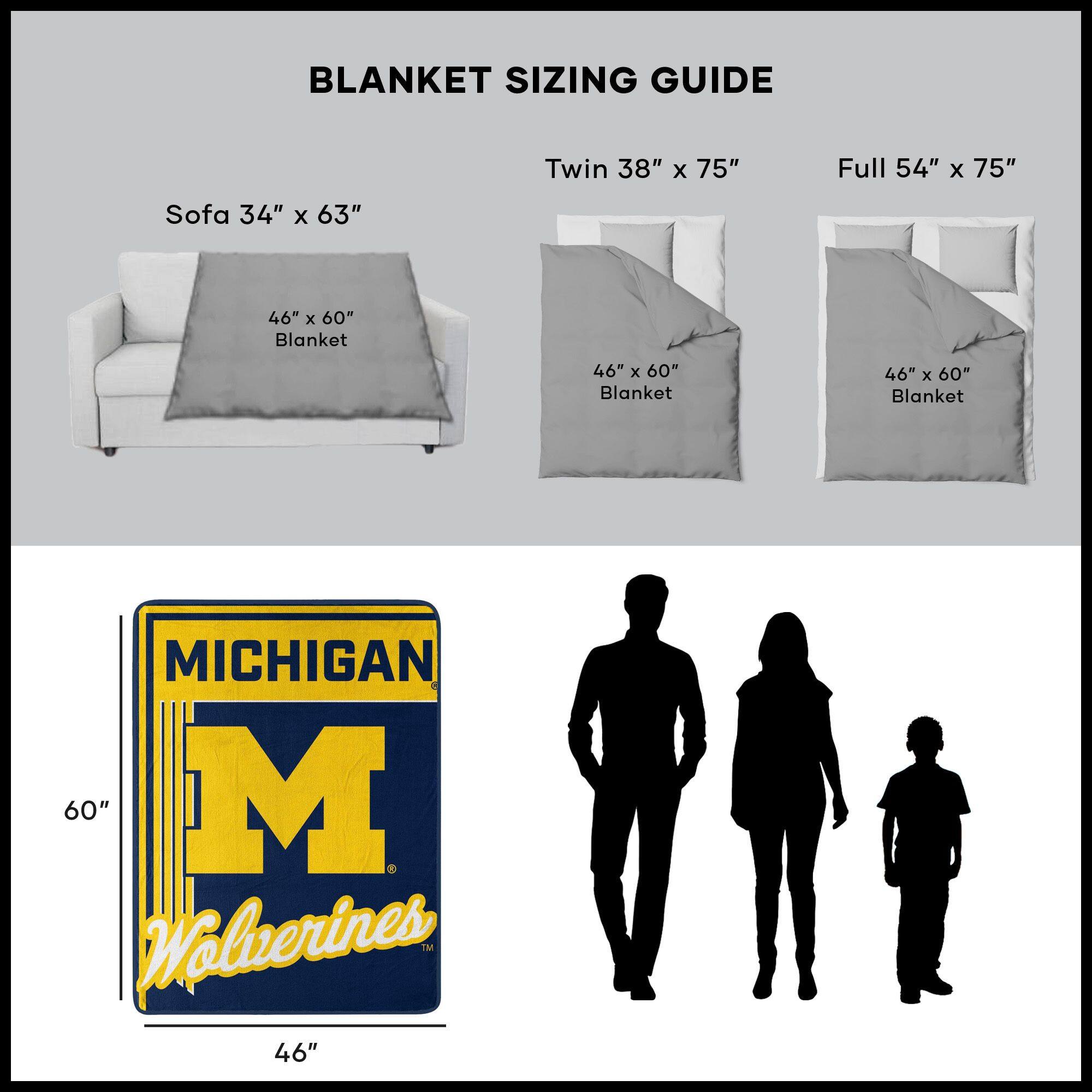 BLANKET SIZING GUIDE

Sofa 34" x 63"  
46" x 60" Blanket

Twin 38" x 75"  
46" x 60" Blanket

Full 54" x 75"  
46" x 60" Blanket

MICHIGAN  
60"  
46"  
Wolverines