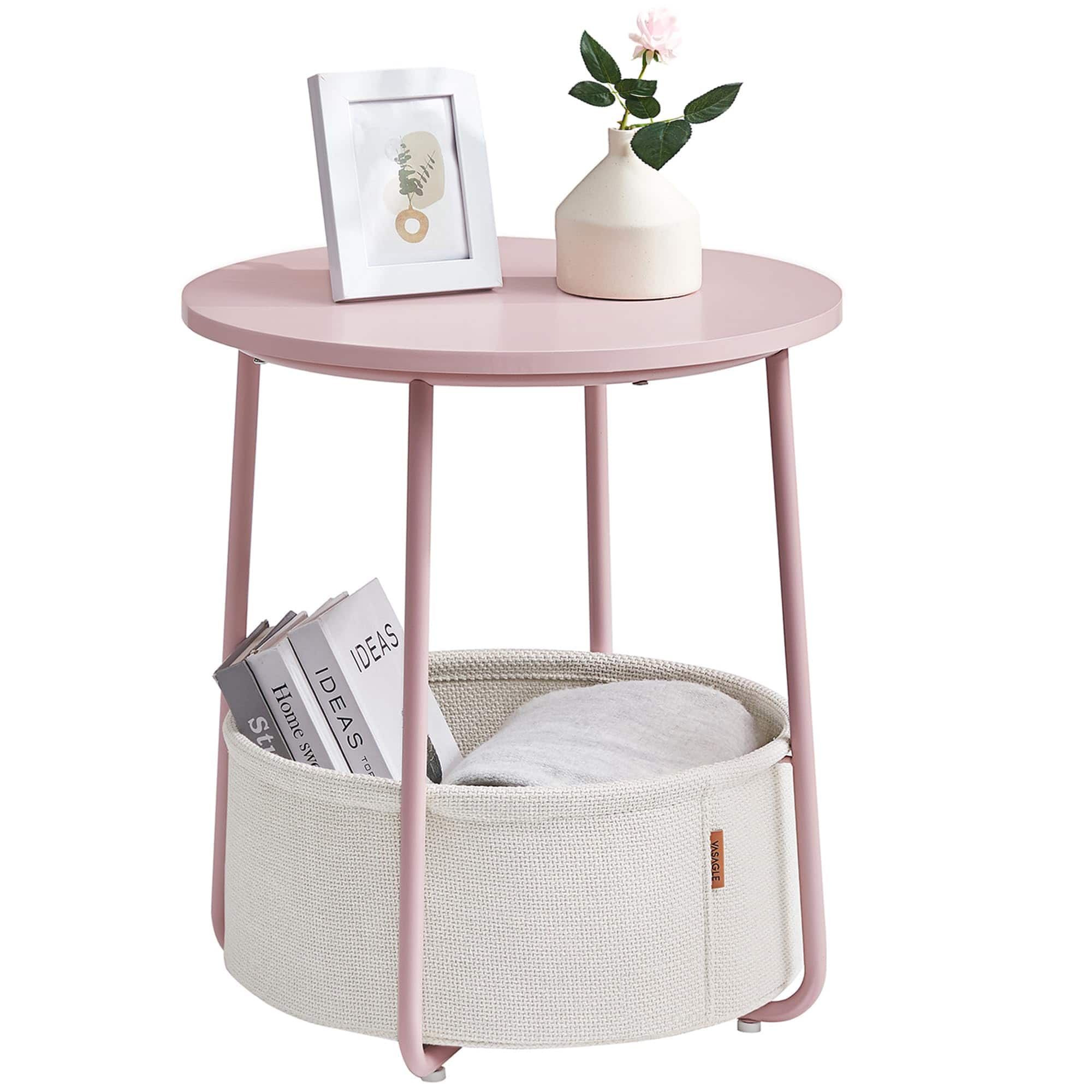 Songmics Home - Small Round Side End Table – Modern Nightstand with Fabric Basket Jelly and Cream White - Pink