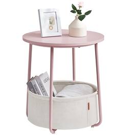 Songmics Home - Small Round Side End Table – Modern Nightstand with Fabric Basket Jelly and Cream White - Pink