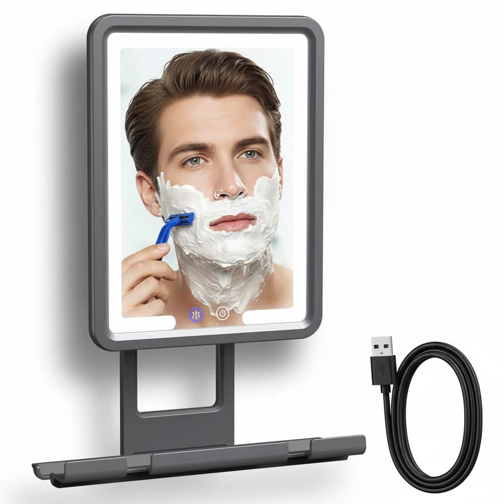 Dazzed Corner - Heated Fogless Shower Mirror, 3-Color Light, Rechargeable, 360° Rotation - Black