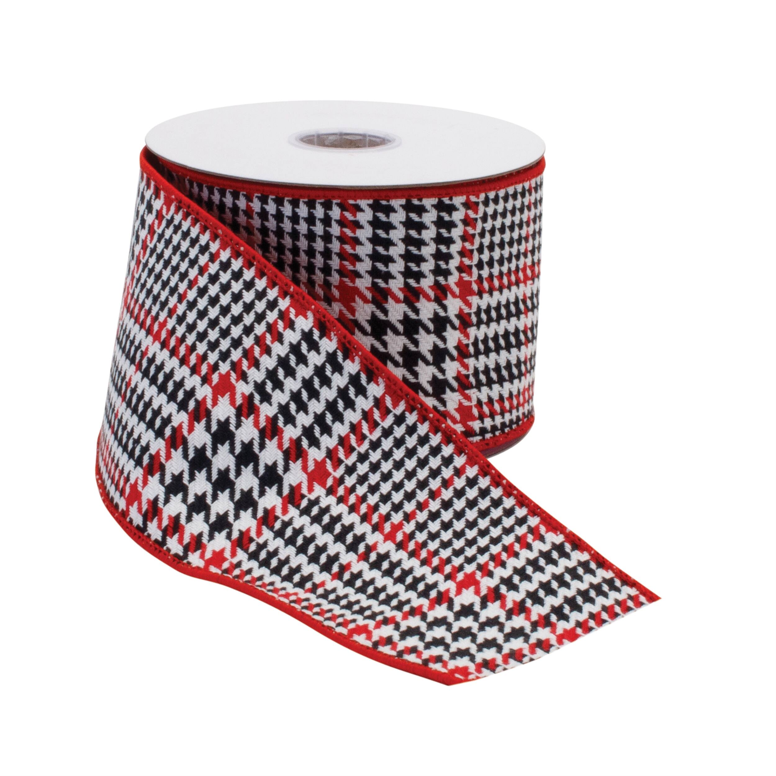Angle. BreeBe - Red and Black Houndstooth Plaid Wired Ribbon 4" x 10yds - Black, Red, White.