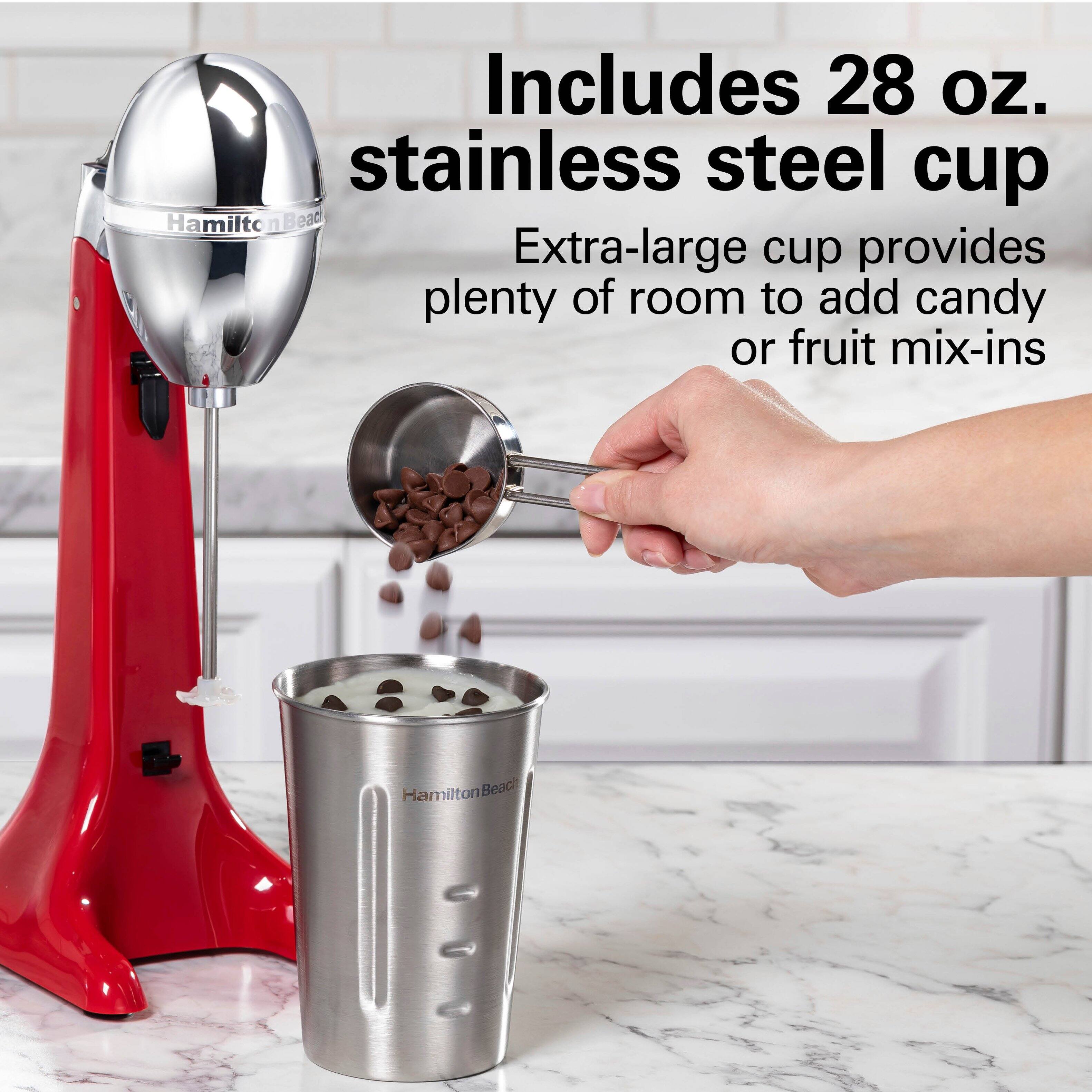 Includes 28 oz. stainless steel cup  
Hamilton Beach Extra-large cup provides plenty of room to add candy or fruit mix-ins
