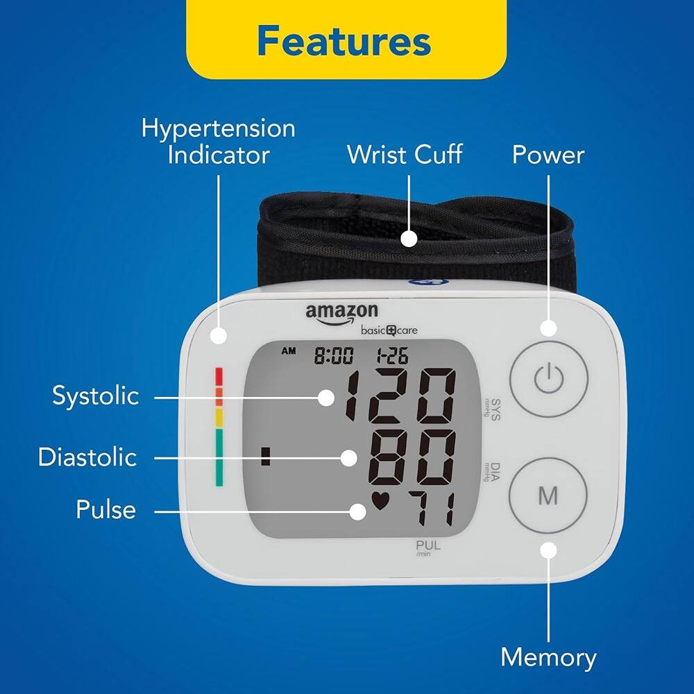 Features  
- Hypertension Indicator  
- Wrist Cuff  
- Power  
- Systolic  
- Diastolic  
- Pulse  
- Memory  

Amazon Basic Care AM 8:00 1-26 120 SYS 80 DIA 71 PUL imin M