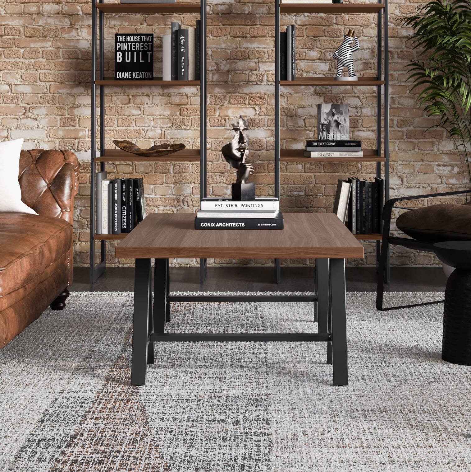 Angle. Simpli Home - Sawhorse Solid Walnut Veneer and Metal Coffee Table - Walnut.