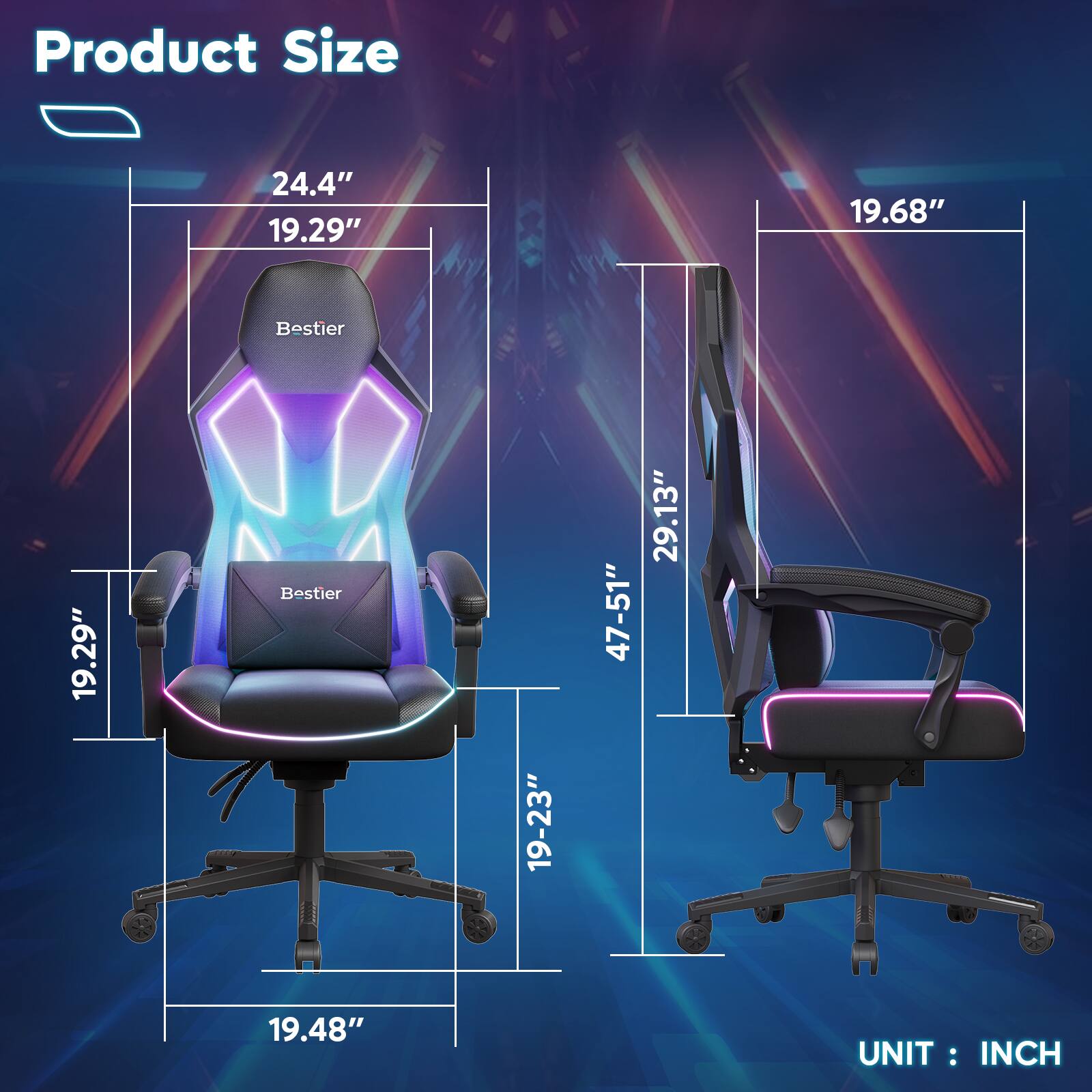 Product Size

- 24.4"
- 19.29"
- 19.68"
- 19.29"
- 19-23"
- 47-51"
- 29.13"
- 19.48"

UNIT: INCH