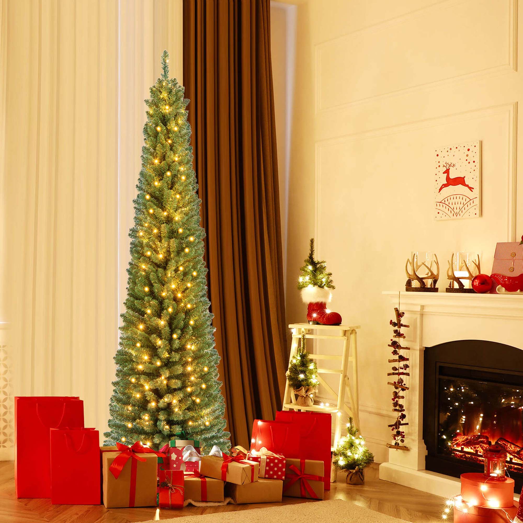 Alt View 1. Costway - Costway 7 FT Pencil Christmas Tree with 523 Memory Wire Branch Tips 190 LED Lights for Home - Green.