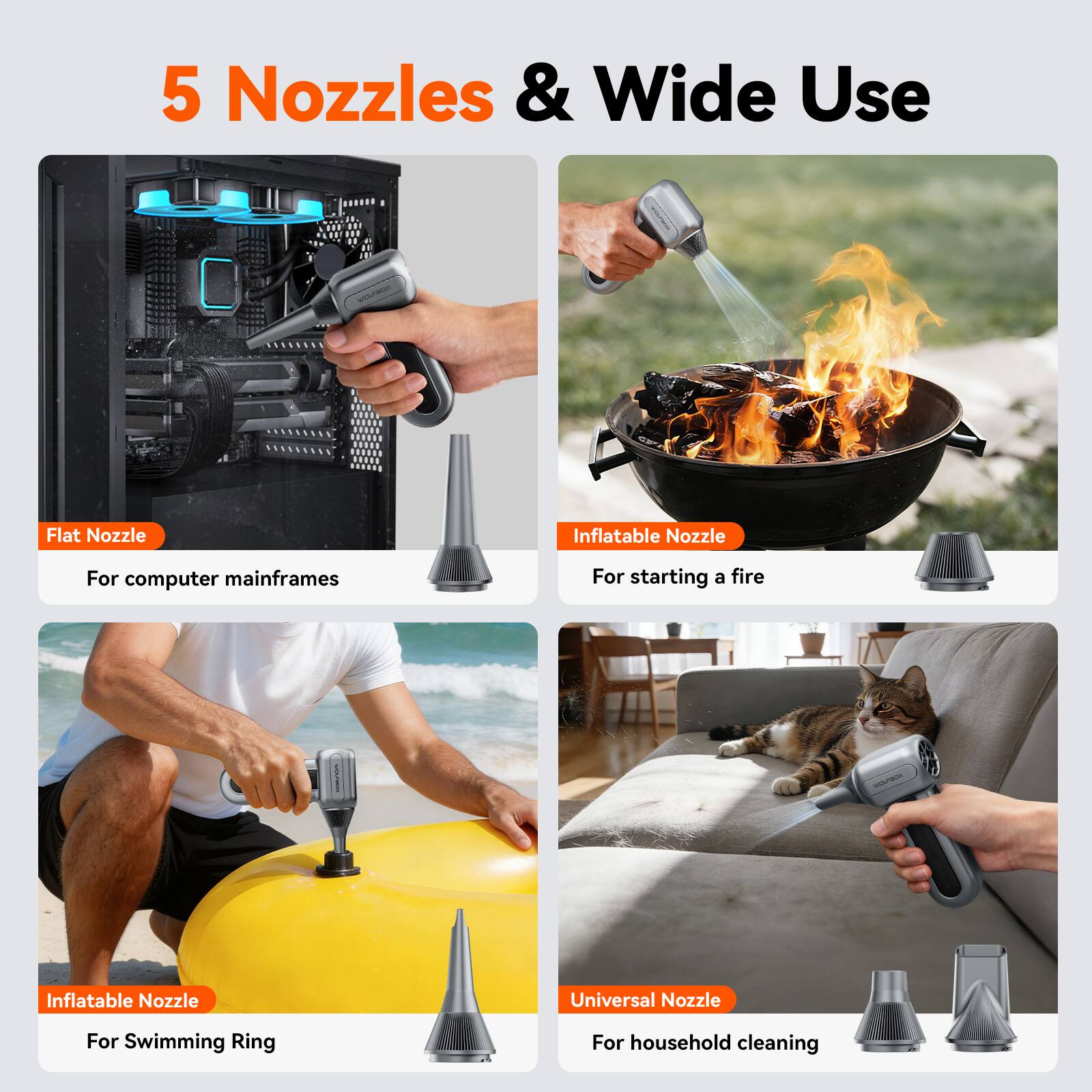 5 Nozzles & Wide Use

- Flat Nozzle: For computer mainframes
- Inflatable Nozzle: For starting a fire
- Inflatable Nozzle: For Swimming Ring
- Universal Nozzle: For household cleaning