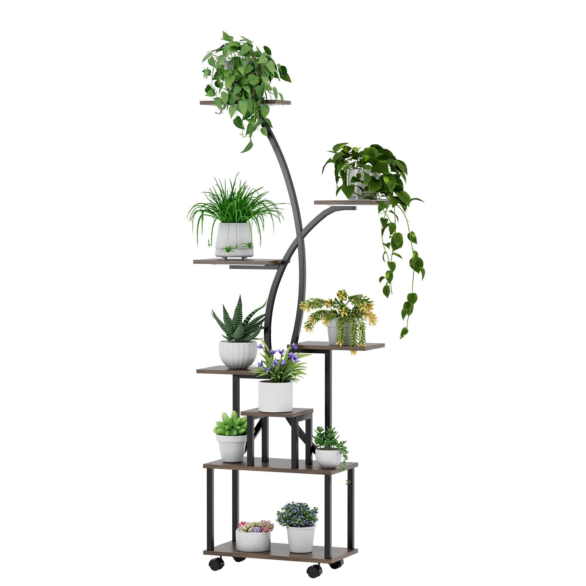 Alt View 5. U-HOMY - 8-Tier Tall Metal Plant Stand with Grow Lights, Rolling Indoor Plant Shelf with Wheels for Small Spaces - Brown.
