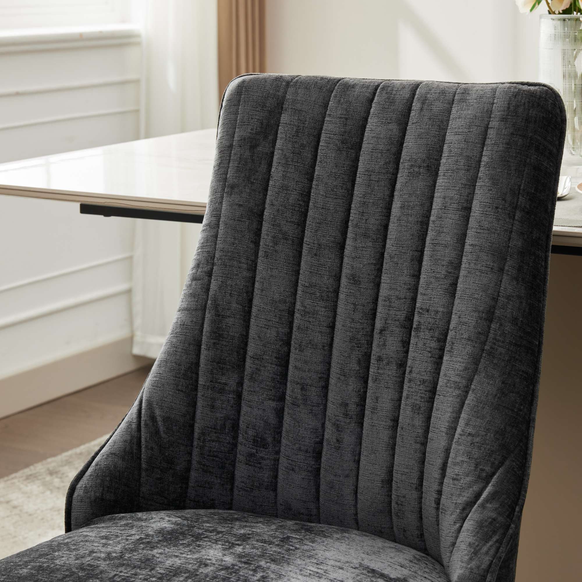 Alt View 6. GOODSILO - Luxury Chenille Fabric Upholstered Dining Chairs with Golden Stainless Steel Legs, Set of 2 - Black.