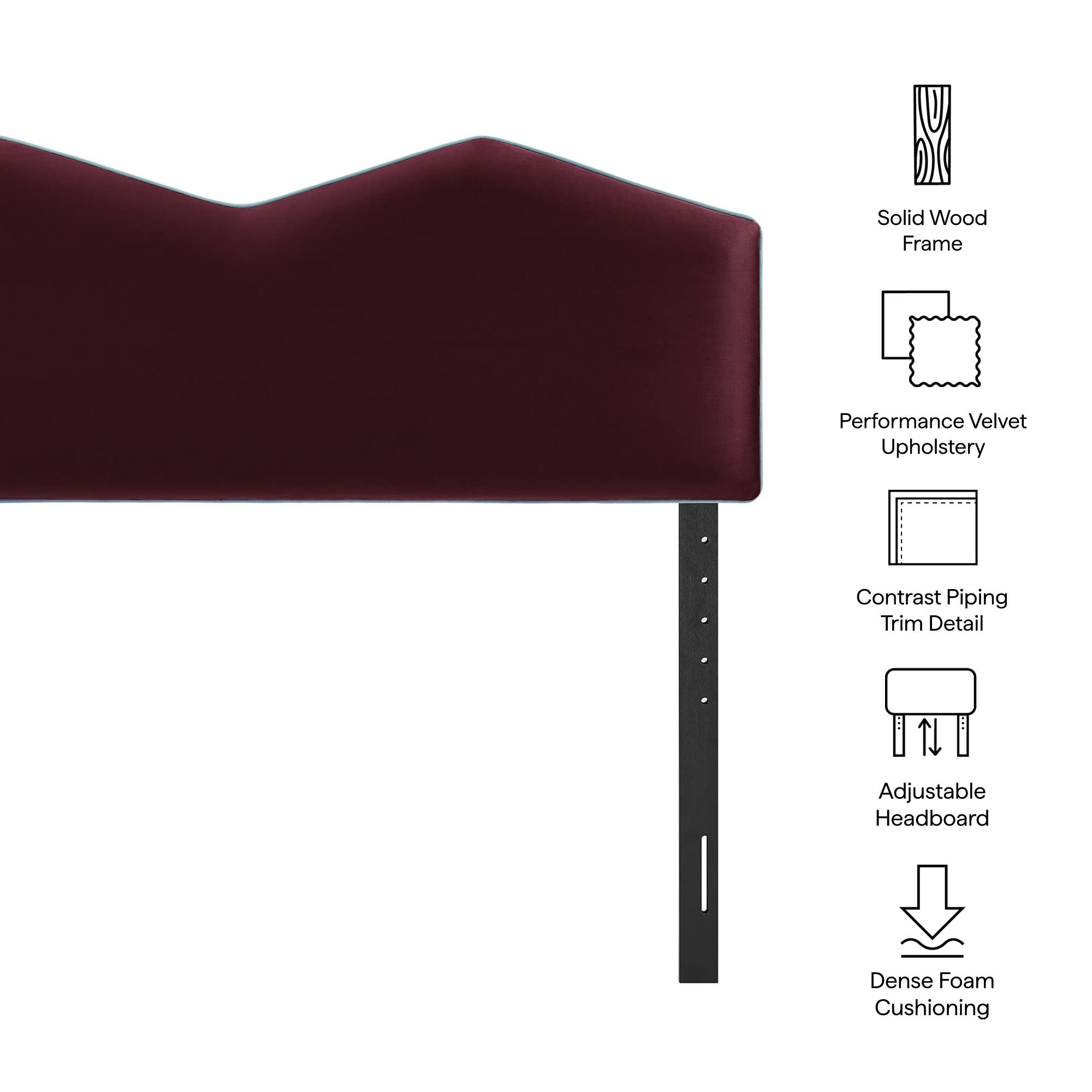 Solid Wood Frame  
Performance Velvet Upholstery  
Contrast Piping Trim Detail  
Adjustable Headboard  
Dense Foam Cushioning