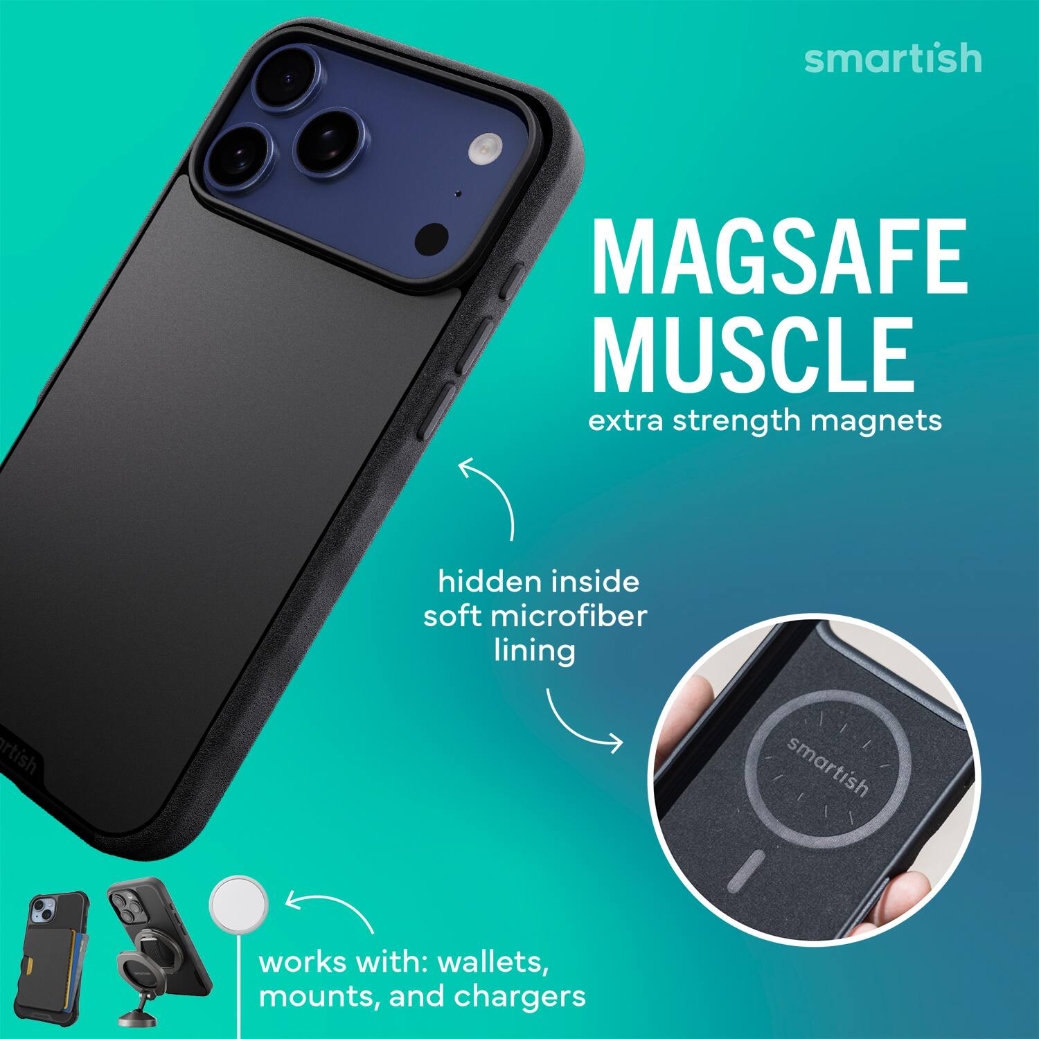 smartish MAGSAFE MUSCLE extra strength magnets hidden inside soft microfiber lining smartish works with: wallets, mounts, and chargers