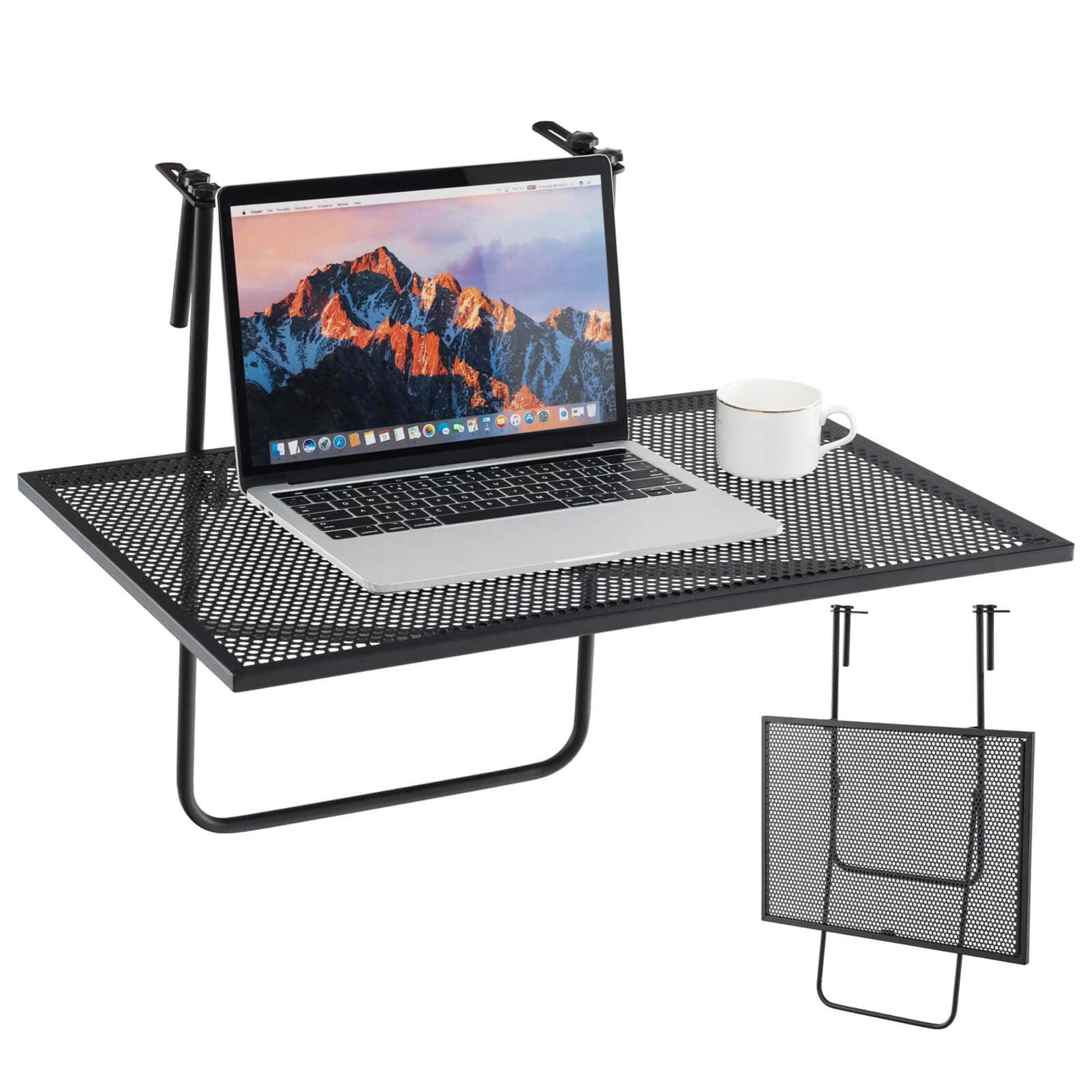 Costway - Balcony Railing Table with Adjustable Hooks Hanging Folding Deck Table Plant Stand - Black