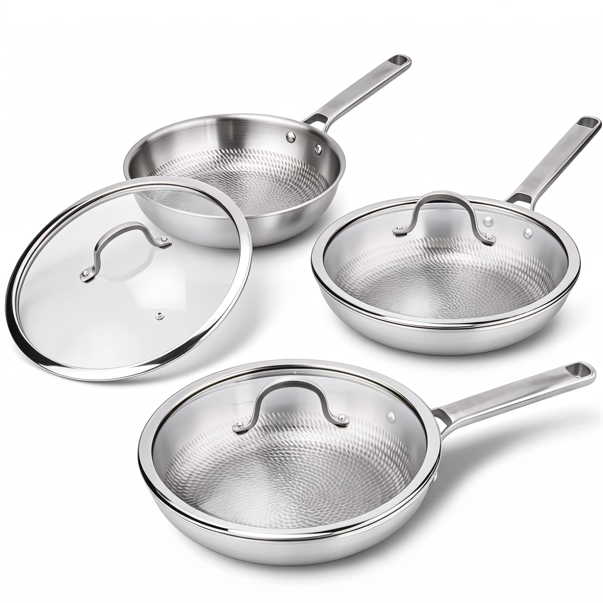 Winado - 3 PCS Titanium Pan Set, 8" 10" 12" Hammered Frying Pan with Heat-Resistant Glass Lids for Kitchen,Oven & Dishwasher Safe - Silver