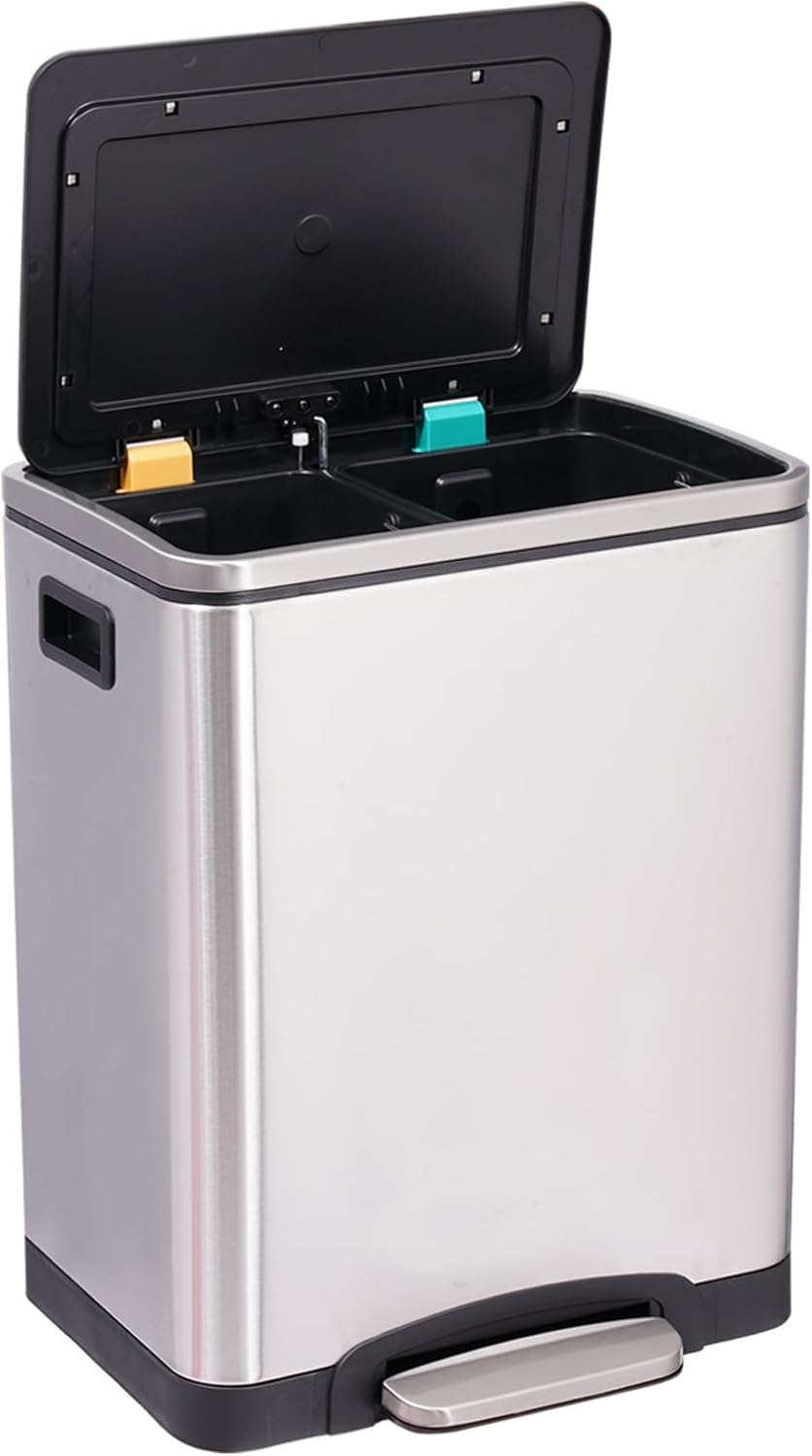 Front. Homhougo - 2 x 4 Gal (2 x 15L) Trash Can, Stainless Steel Double Trash Can with Recycling Bin, Soft-Close Lid - Silver.