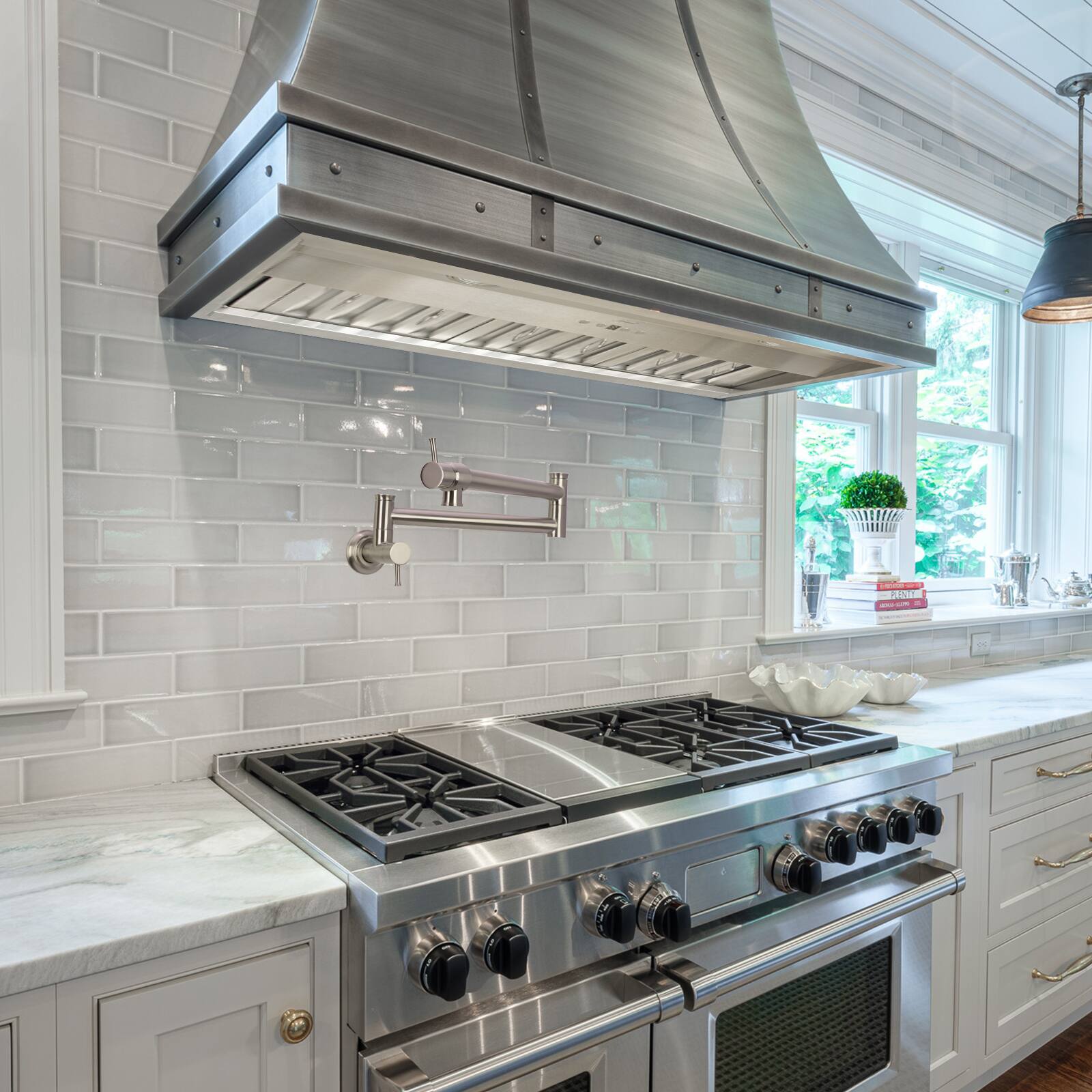 Alt View 3. Akicon - Akicon Solid Brass Wall-Mounted Pot Filler Kitchen Faucet with Double Joint Swing Arms for Stovetop in Brushed Nickel - Brushed Nickel.