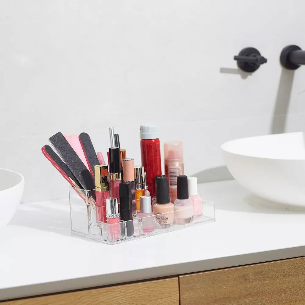 Angle. Elle - Acrylic Cosmetic Organizer, Clear Makeup and Skincare Storage Holder for Brushes and Beauty Supplies - Clear.